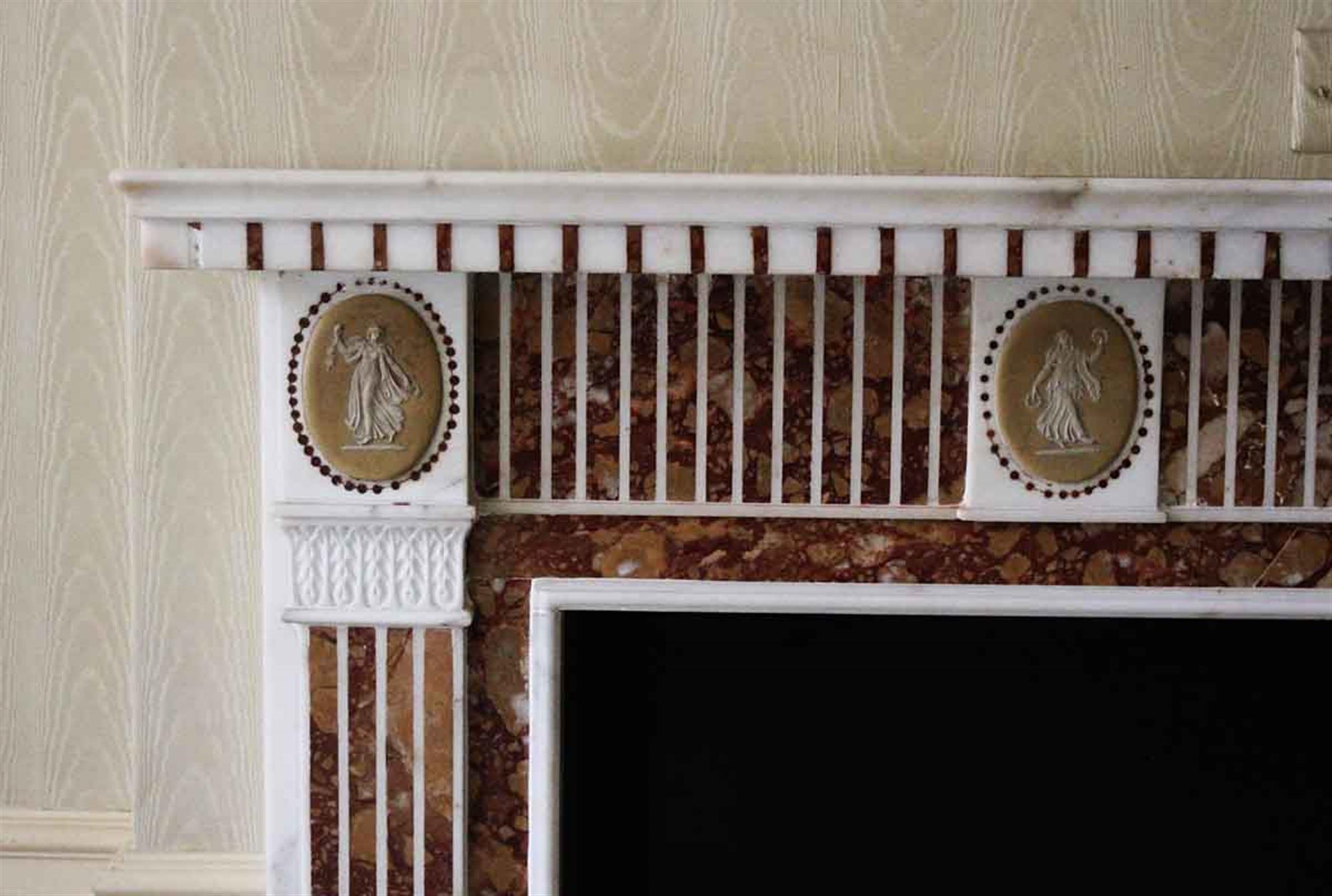 Hand-Carved NYC Waldorf Astoria Hotel Marble Mantel Red Yellow Inlay from the 1800s For Sale