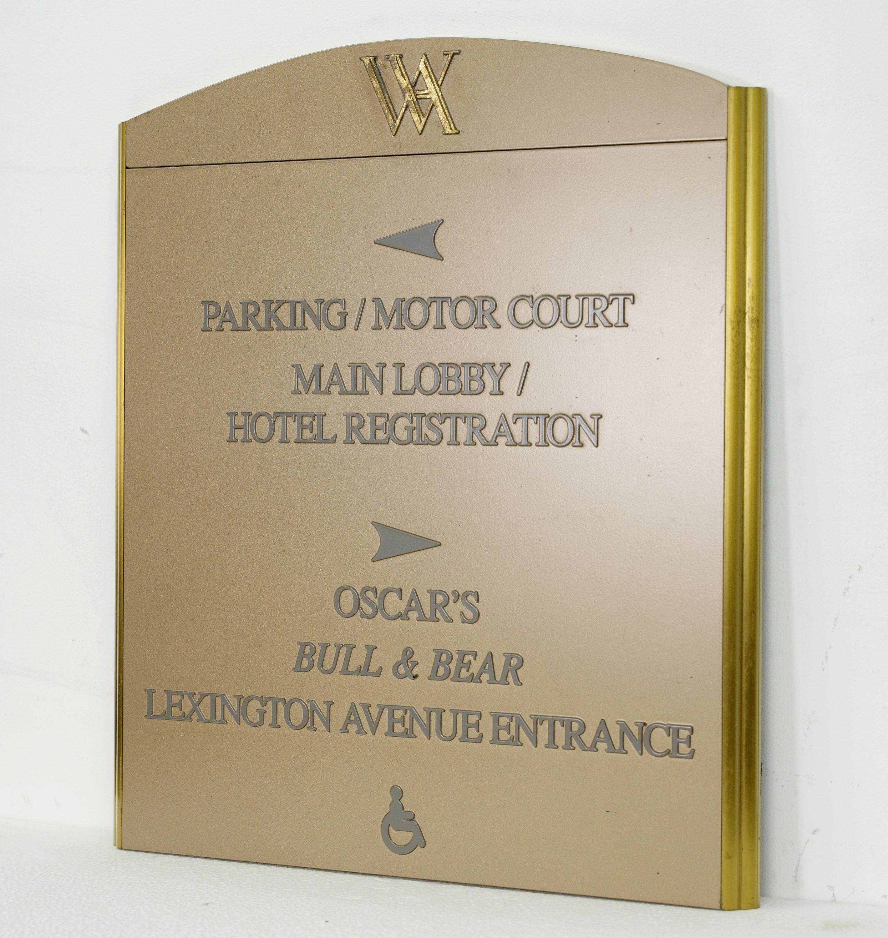 20th Century NYC Waldorf Astoria Hotel Painted Plexiglas Brass Sign For Sale