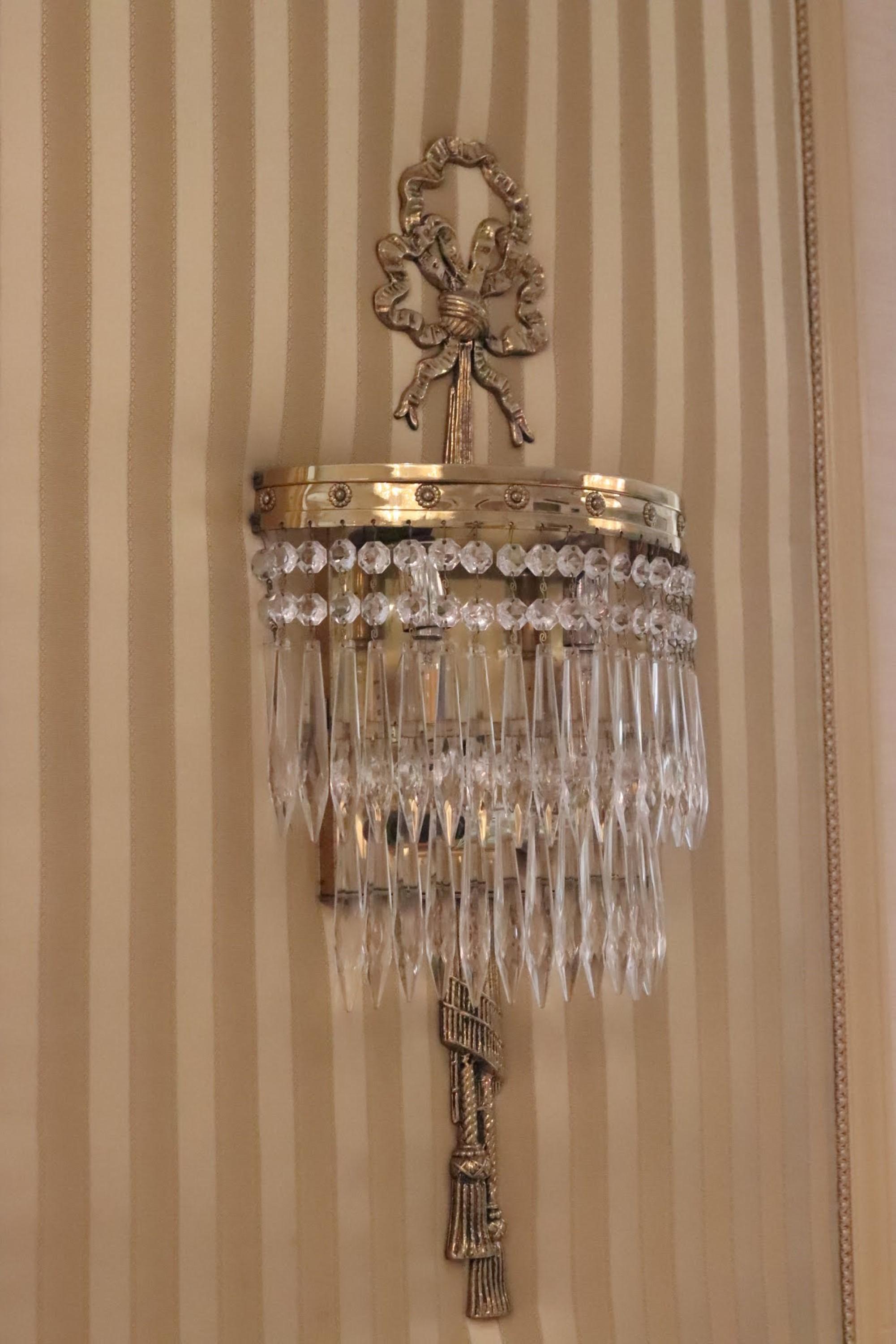 NYC Waldorf Astoria Hotel Pair Brass Crystal Wall Sconces Park Ave Suite South 5