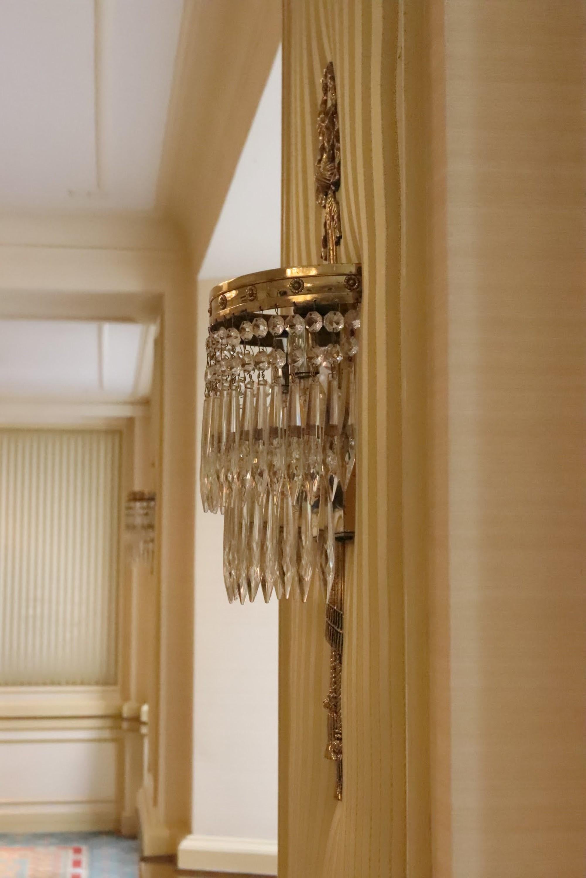 NYC Waldorf Astoria Hotel Pair Brass Crystal Wall Sconces Park Ave Suite South 6