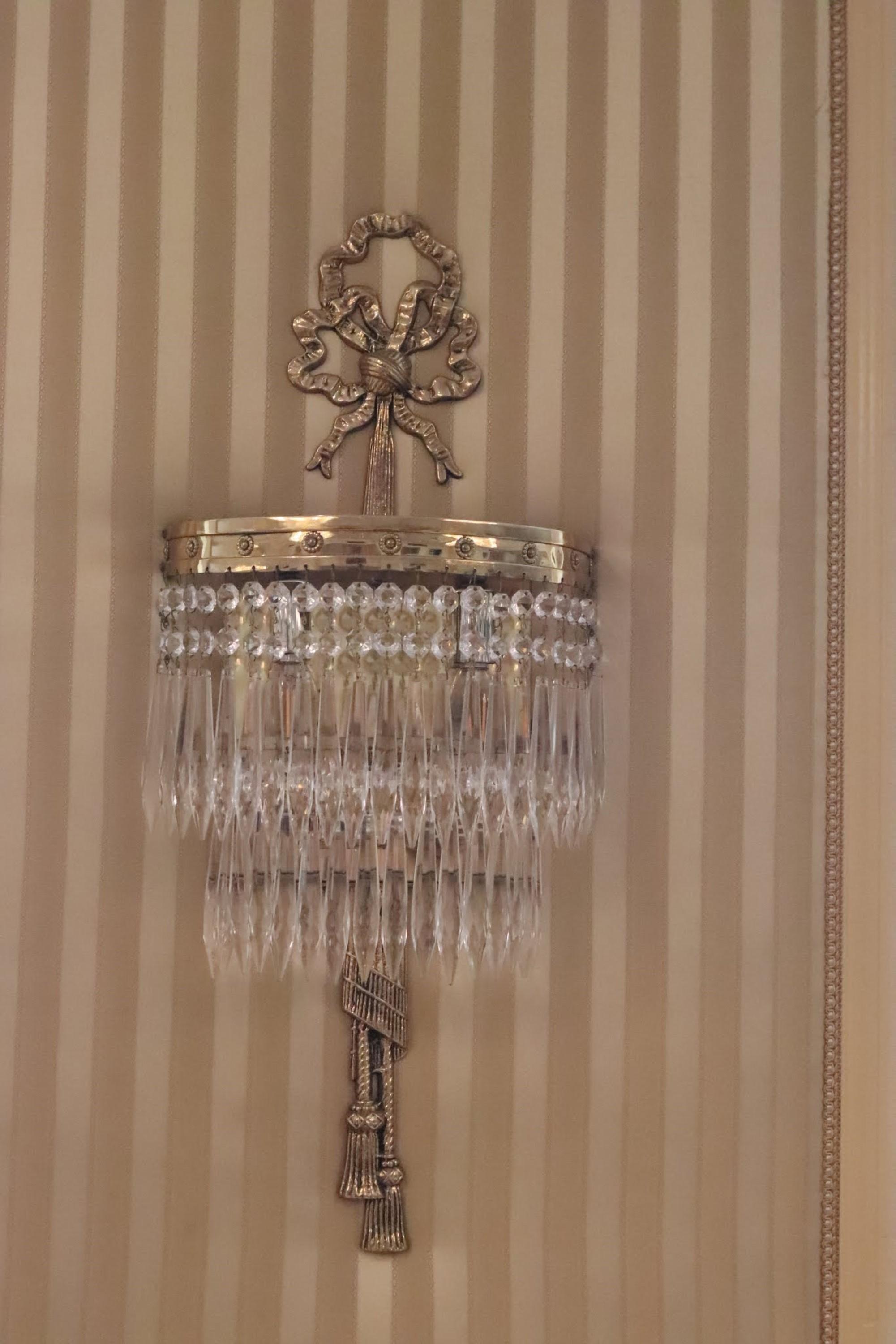 NYC Waldorf Astoria Hotel Pair Brass Crystal Wall Sconces Park Ave Suite South 4