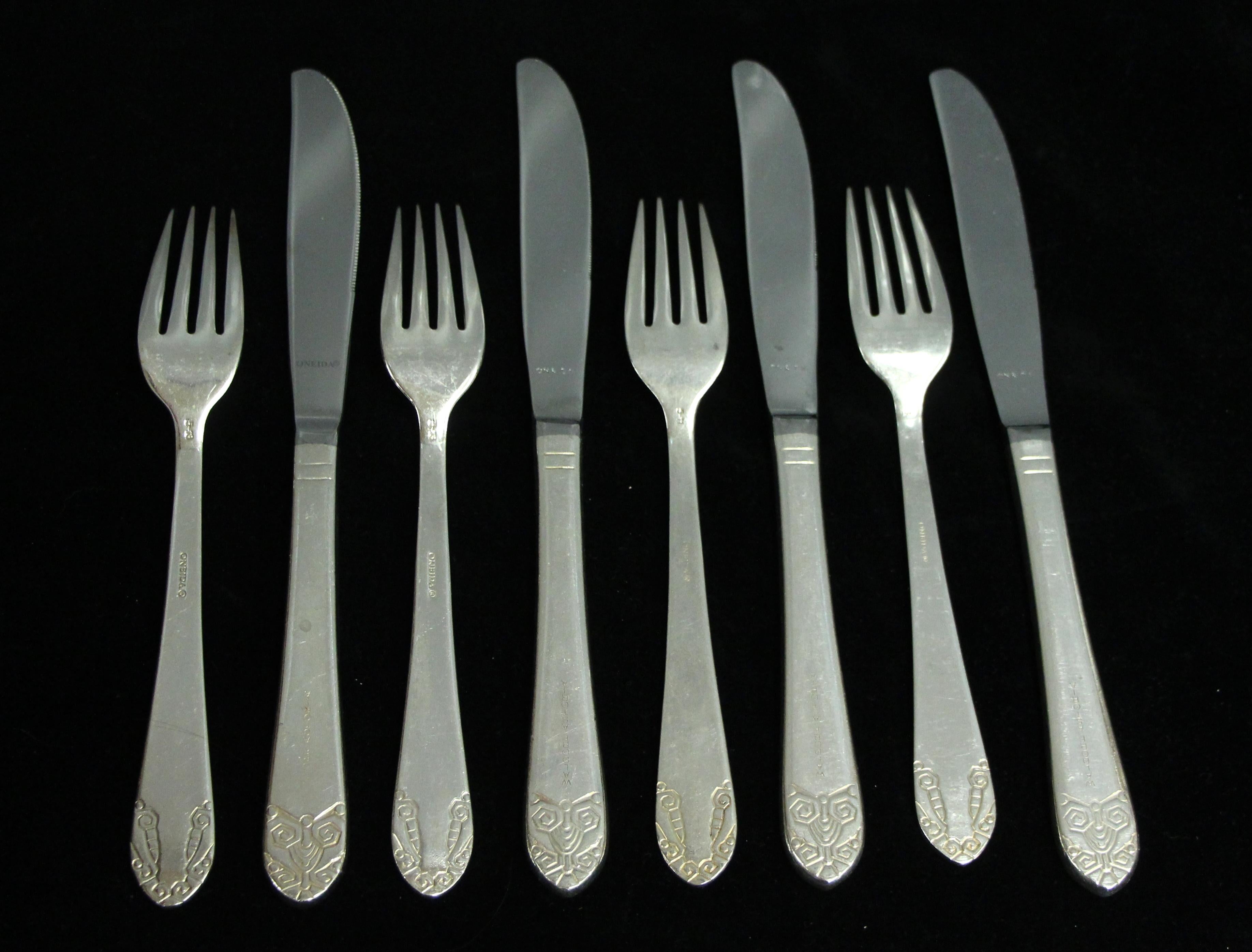 Silver plated steel eight piece dinner knife and fork set. From the NYC Waldorf Astoria Hotel. Some are stamped 
