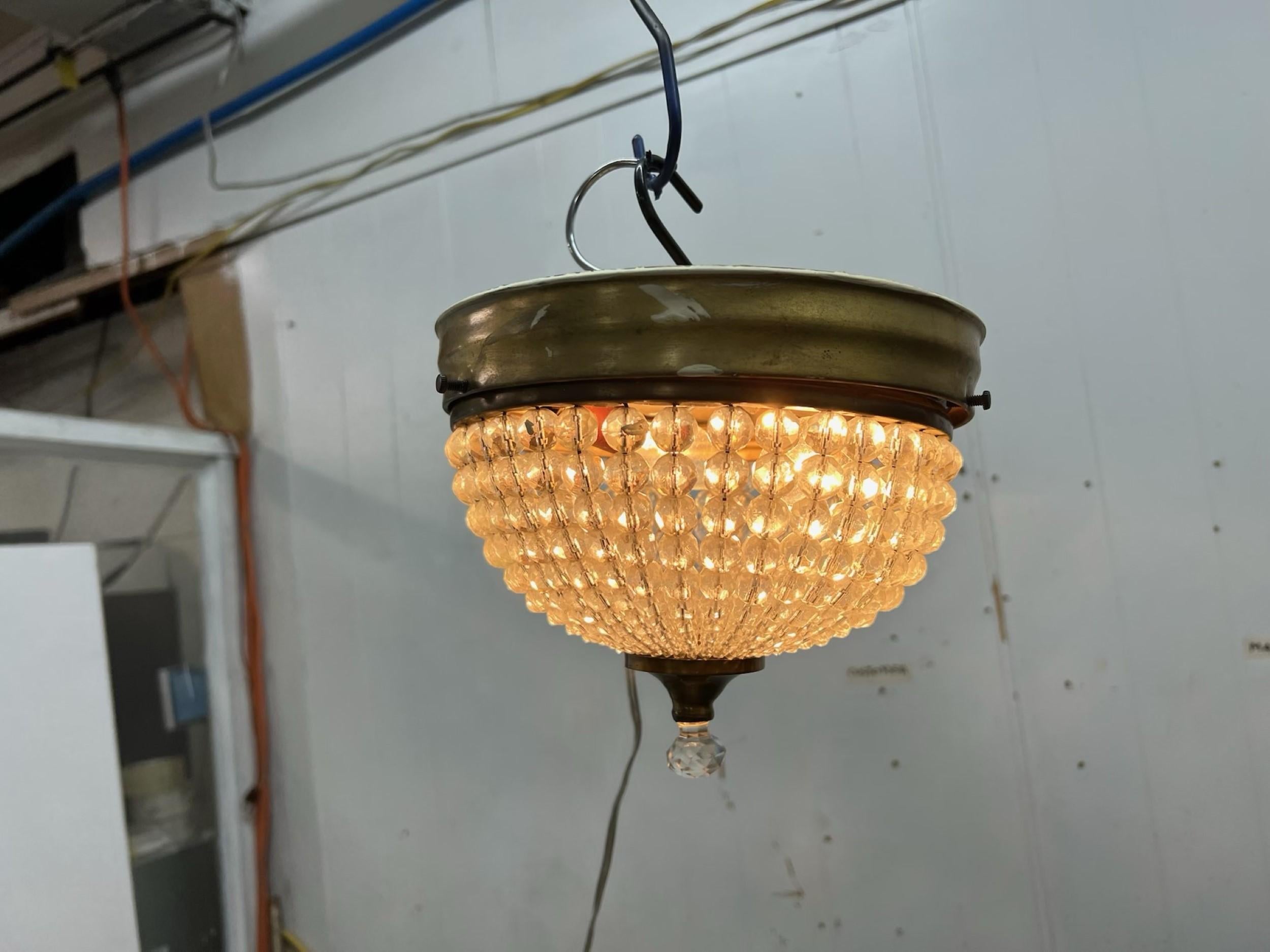 Early 20th Century NYC Waldorf Astoria Towers Crystal Flush Mount Light Beaded W/ Brass Frame 1920s