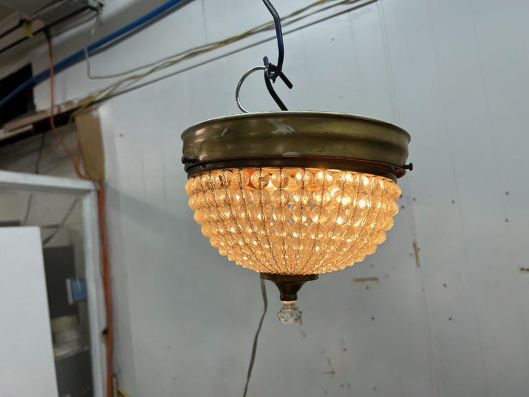 NYC Waldorf Astoria Towers Crystal Flush Mount Light Beaded W/ Brass Frame 1920s For Sale 2