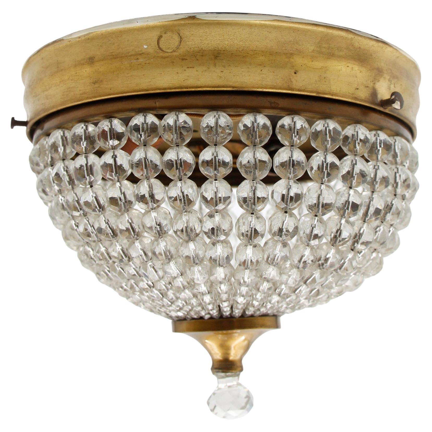 NYC Waldorf Astoria Towers Crystal Flush Mount Light Beaded W/ Brass Frame 1920s
