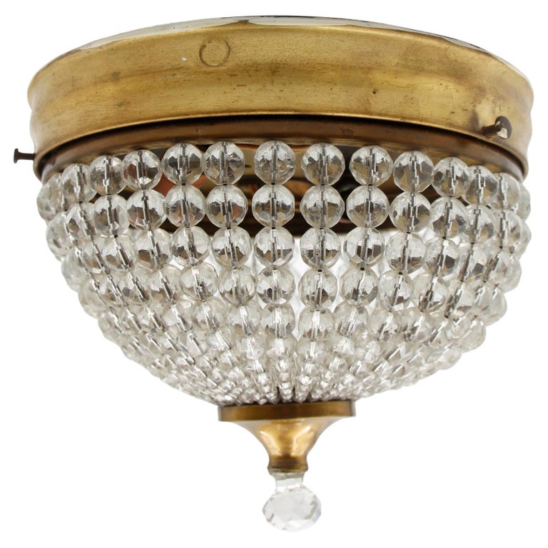 NYC Waldorf Astoria Towers Crystal Flush Mount Light Beaded W/ Brass Frame 1920s For Sale
