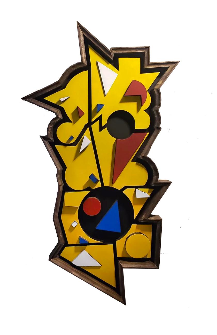 Nygel Jones  Abstract Sculpture - "Blocked Pillar the 4th, The Celebration" Geometric Wall Sculpture in Yellow