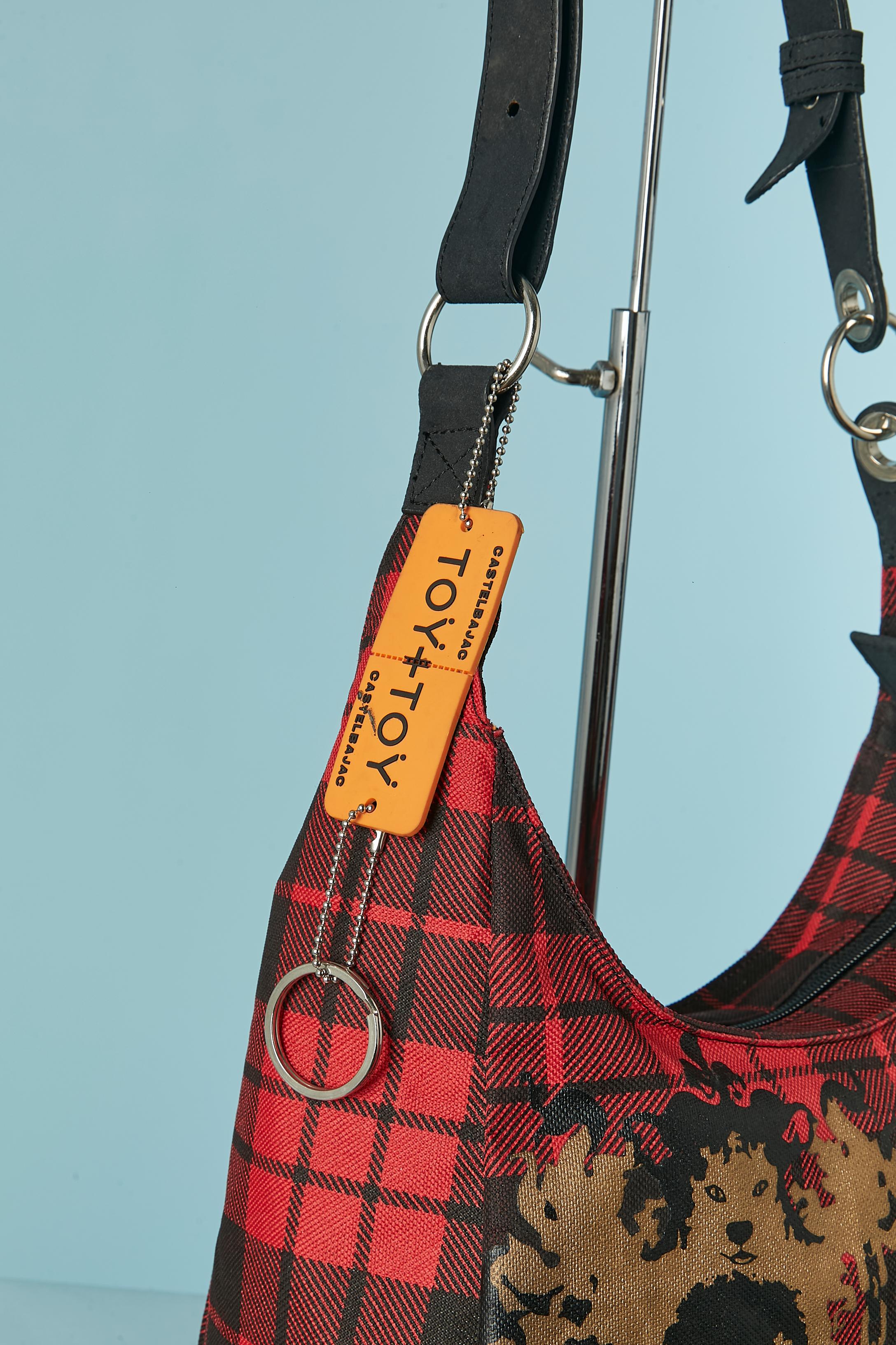 Brown Nylon Tartan shoulder bag with JCDC face print on JCDC & Toy + Toy For Sale