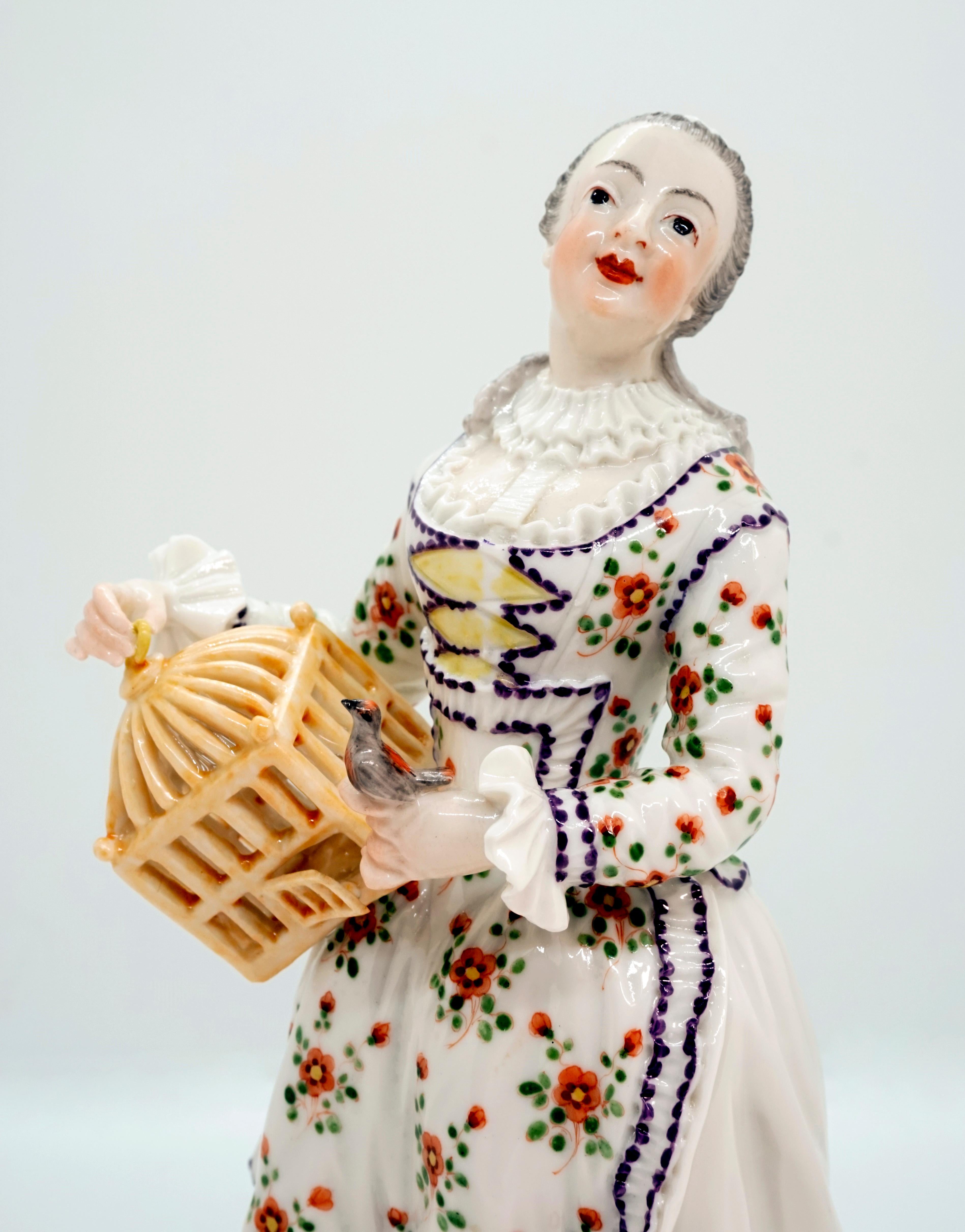 Die Frankenthal-Figur „Dame mit Vogelkäfig“ von Johann Friedrich Lck, Nymphenburger (Handbemalt) im Angebot