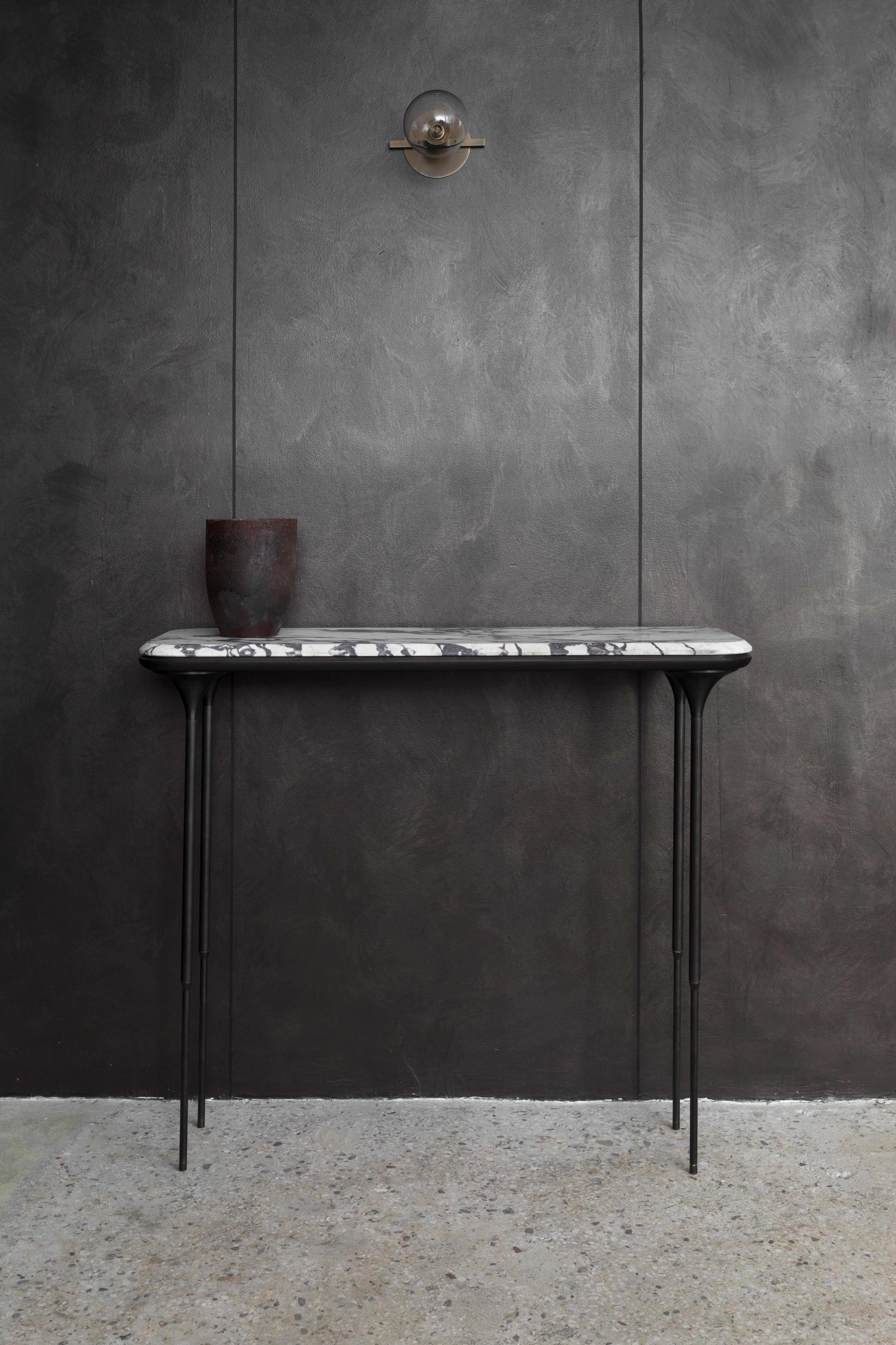 Contemporary NYX Console - Wall Mounted, Marble, Walnut and Patinated Brass