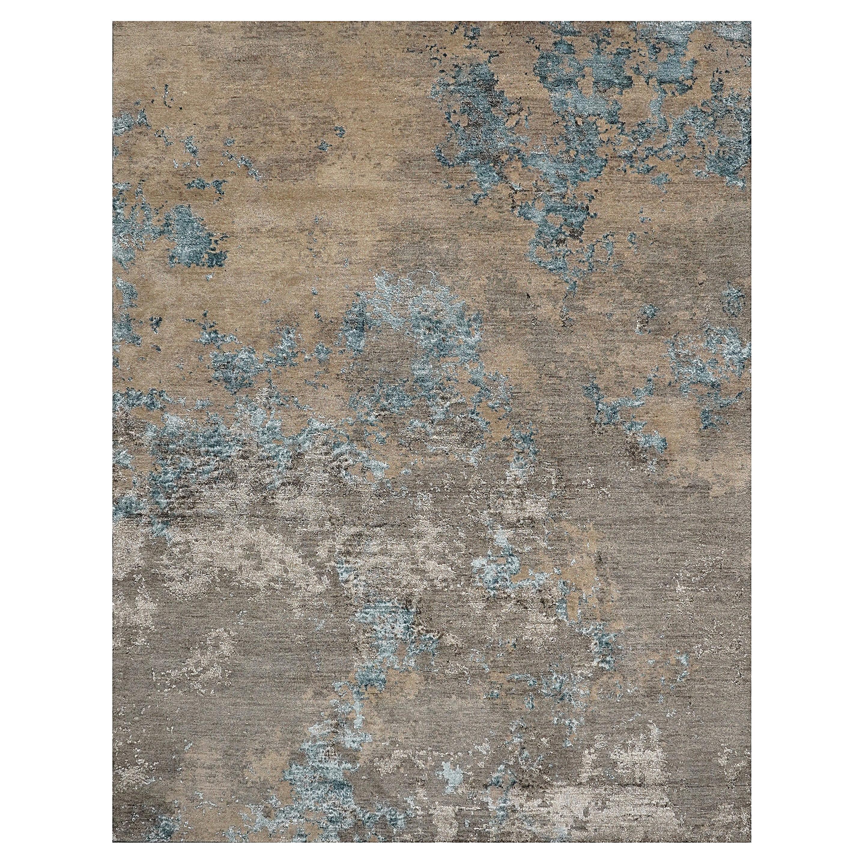 Nyxia Hand Knotted Modern Silk Rug in Beige Blue and Grey Peach Colours by Hands
