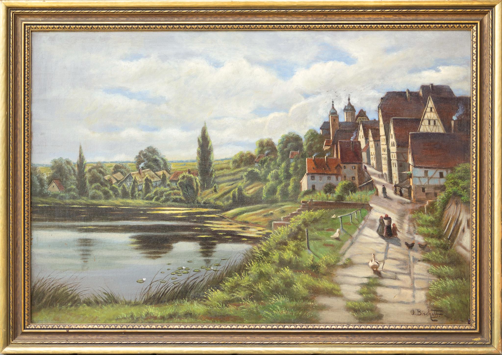Pueblo europeo en un lago, Pintura al óleo sobre lienzo - Painting de O. Bischoff