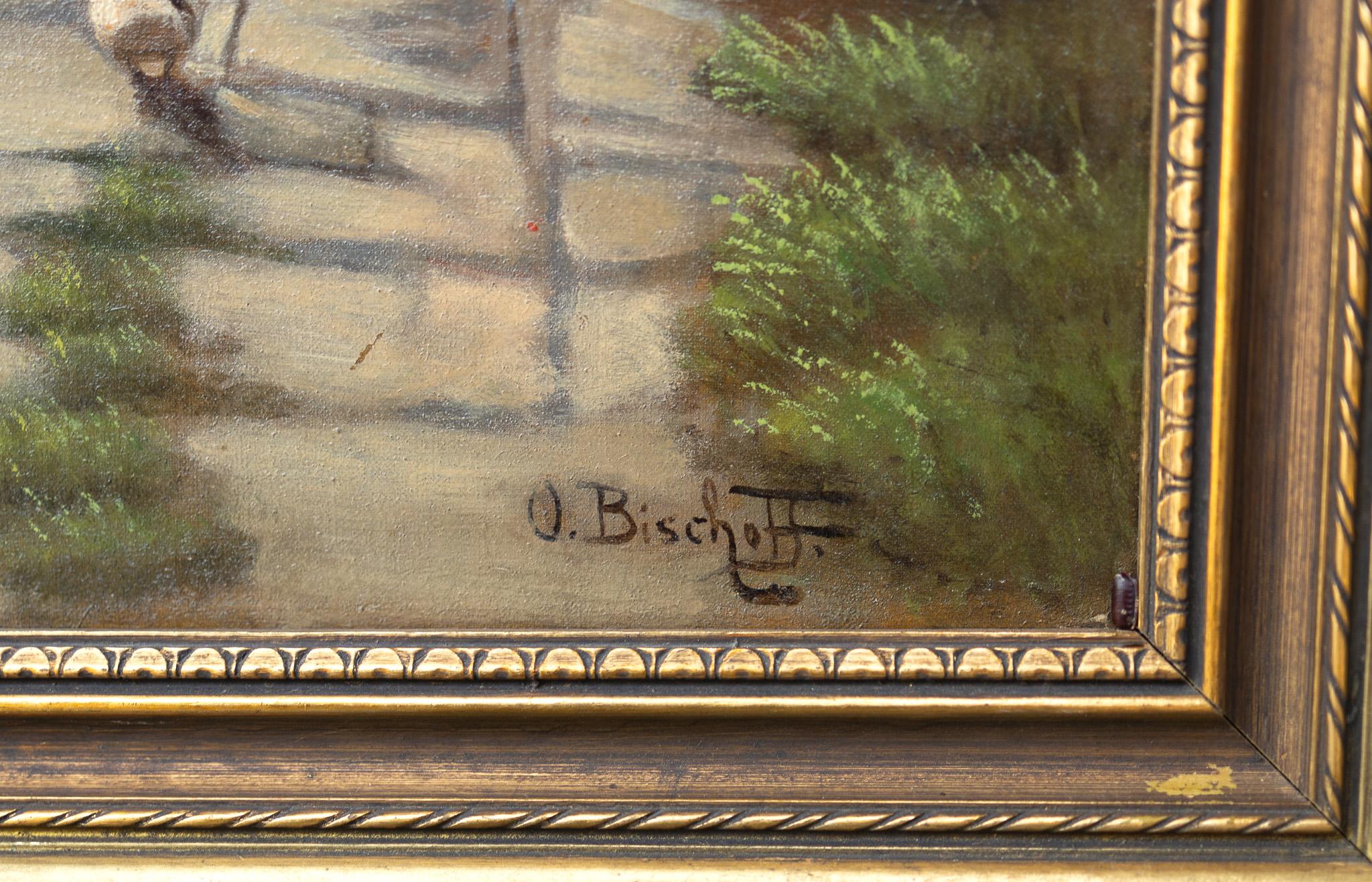 Pueblo europeo en un lago, Pintura al óleo sobre lienzo - Landscape Painting Beige de O. Bischoff
