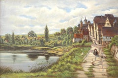 European Village on a Lake, Oil Painting on Canvas
