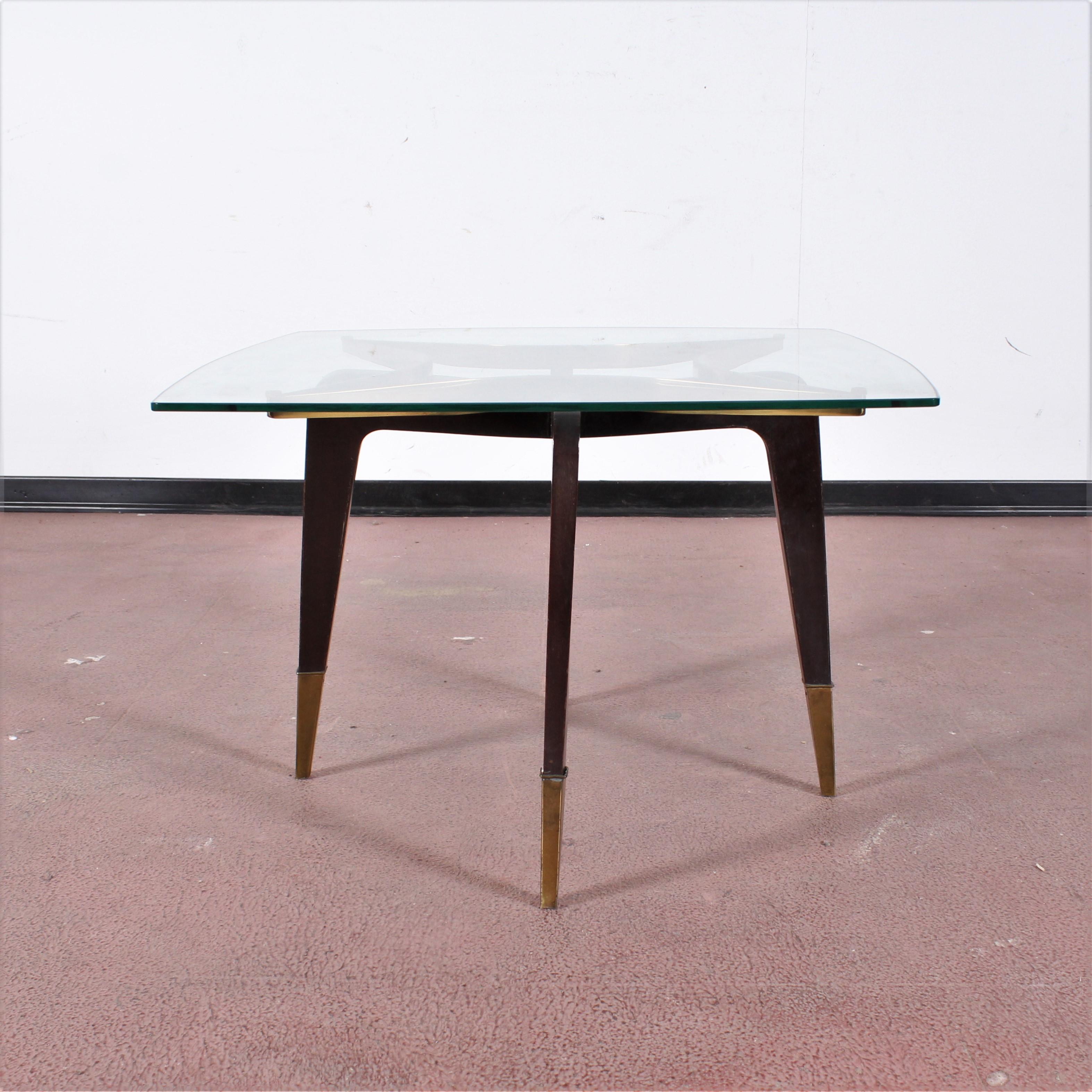 O. Borsani Midcentury Brass and Wood Square Coffee Table Glass Top, Italy, 1950s 6