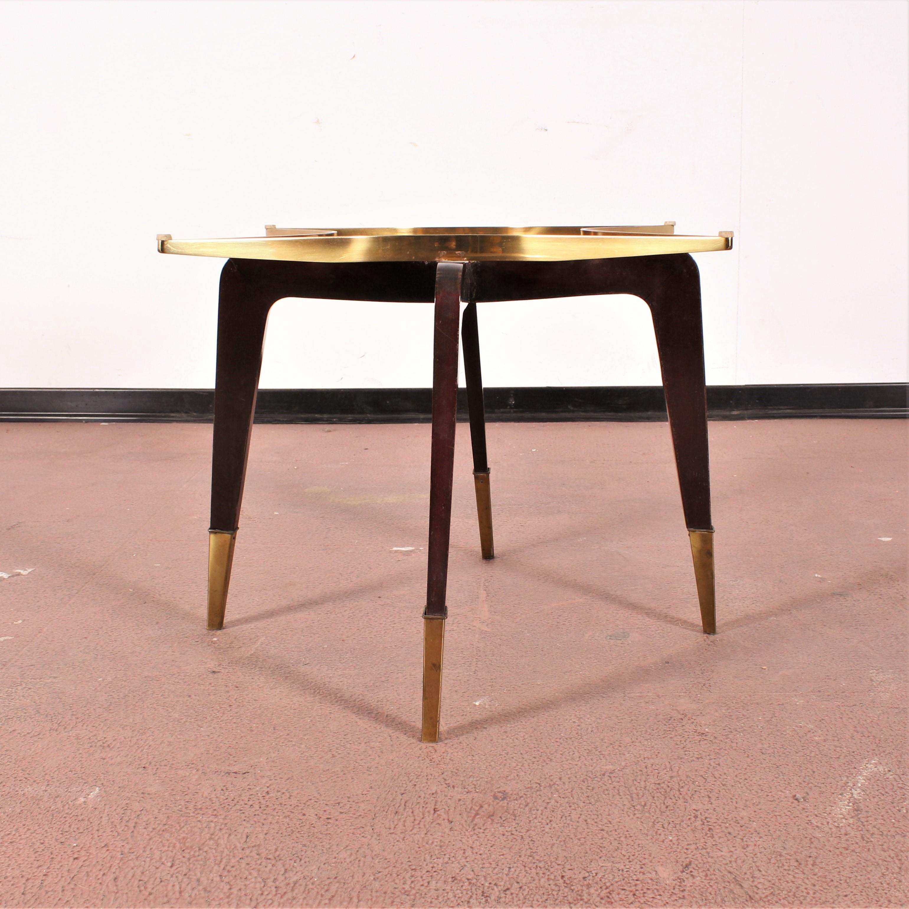 O. Borsani Midcentury Brass and Wood Square Coffee Table Glass Top, Italy, 1950s 14