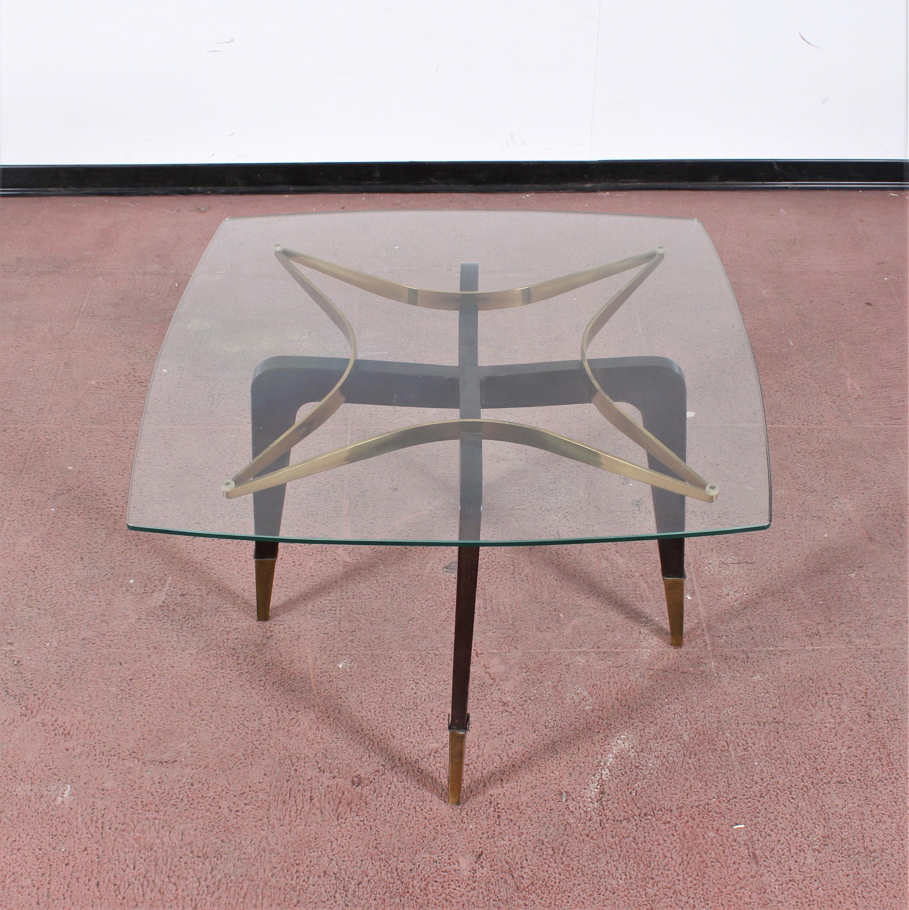 Mid-Century Modern O. Borsani Midcentury Brass and Wood Square Coffee Table Glass Top, Italy, 1950s