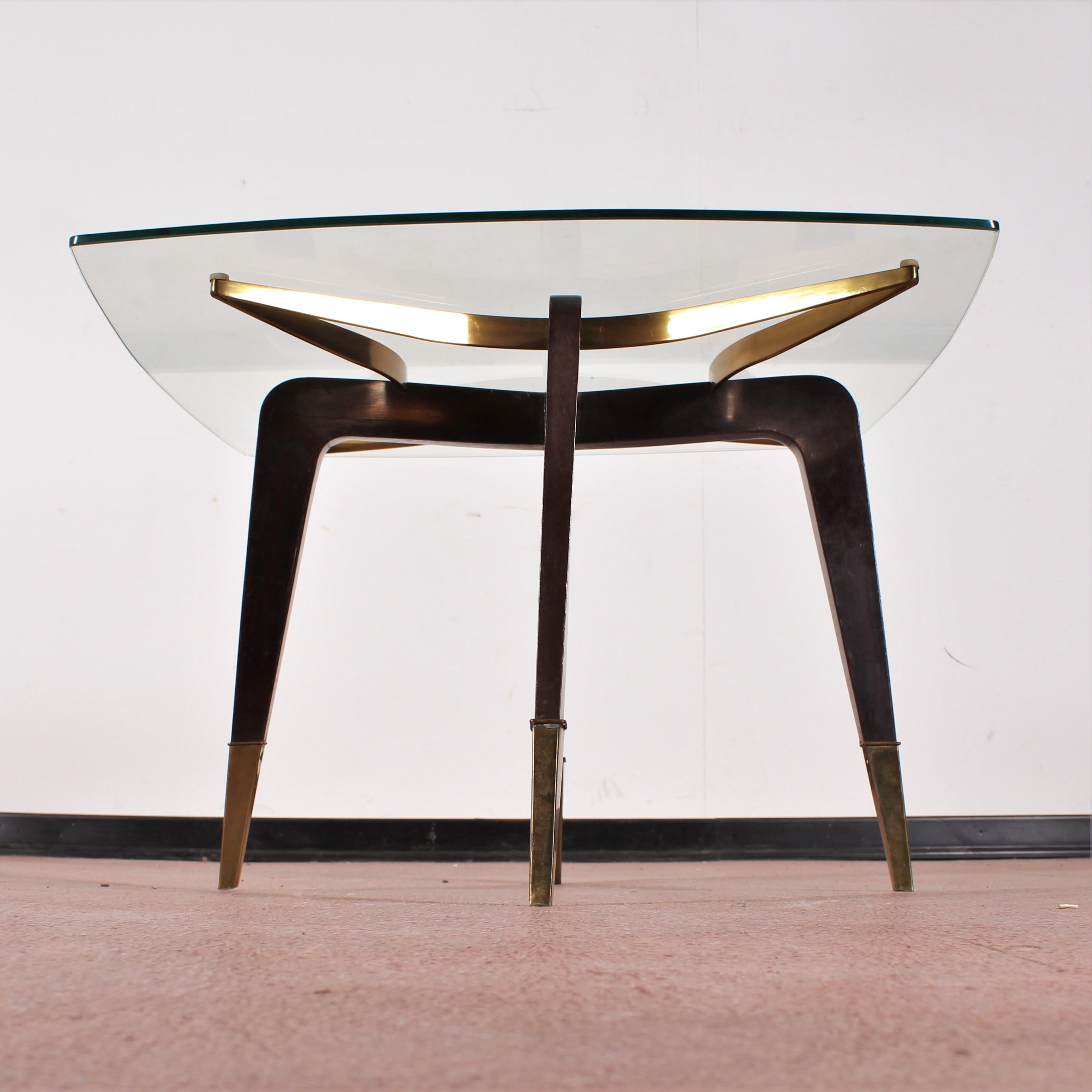 Italian O. Borsani Midcentury Brass and Wood Square Coffee Table Glass Top, Italy, 1950s