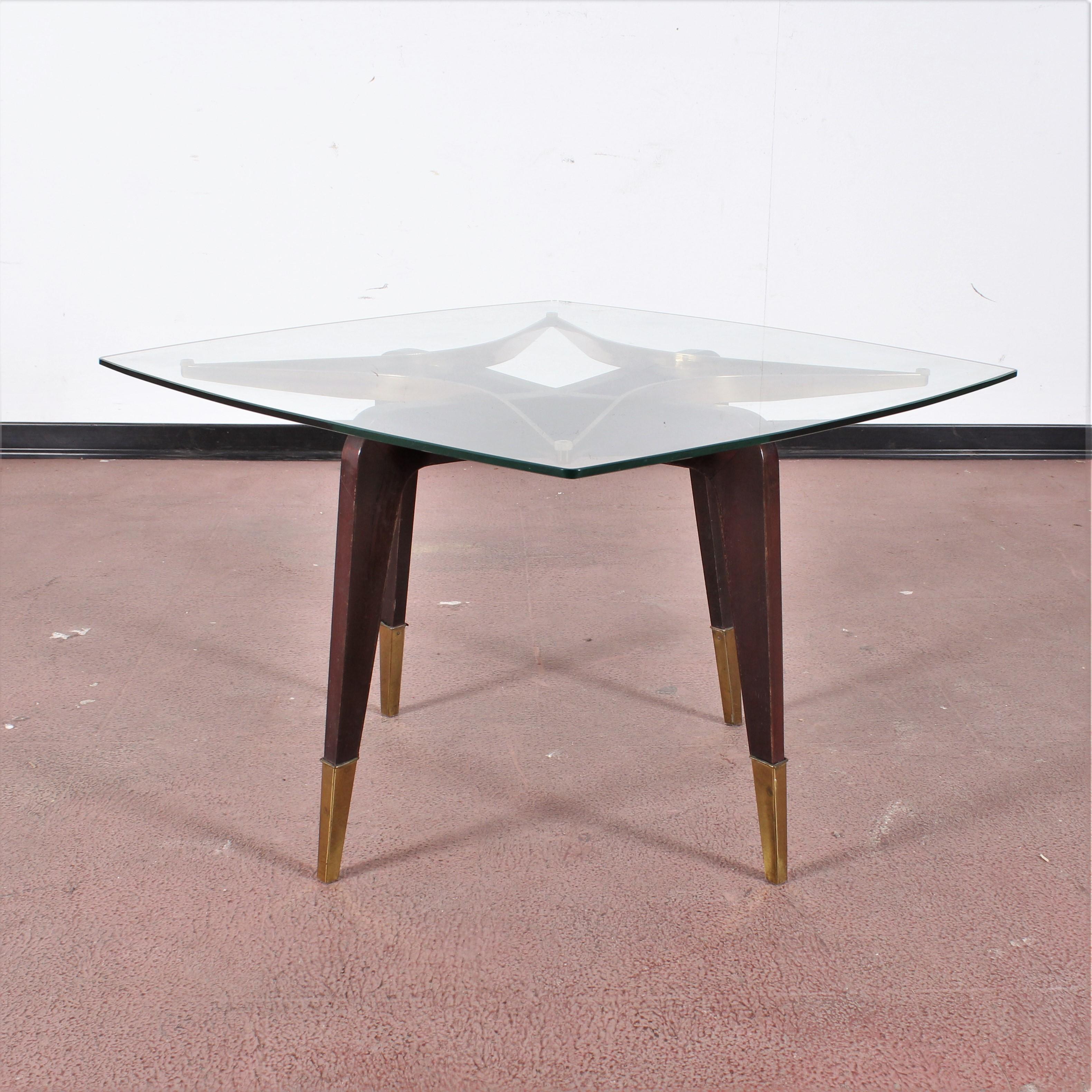 Mid-20th Century O. Borsani Midcentury Brass and Wood Square Coffee Table Glass Top, Italy, 1950s