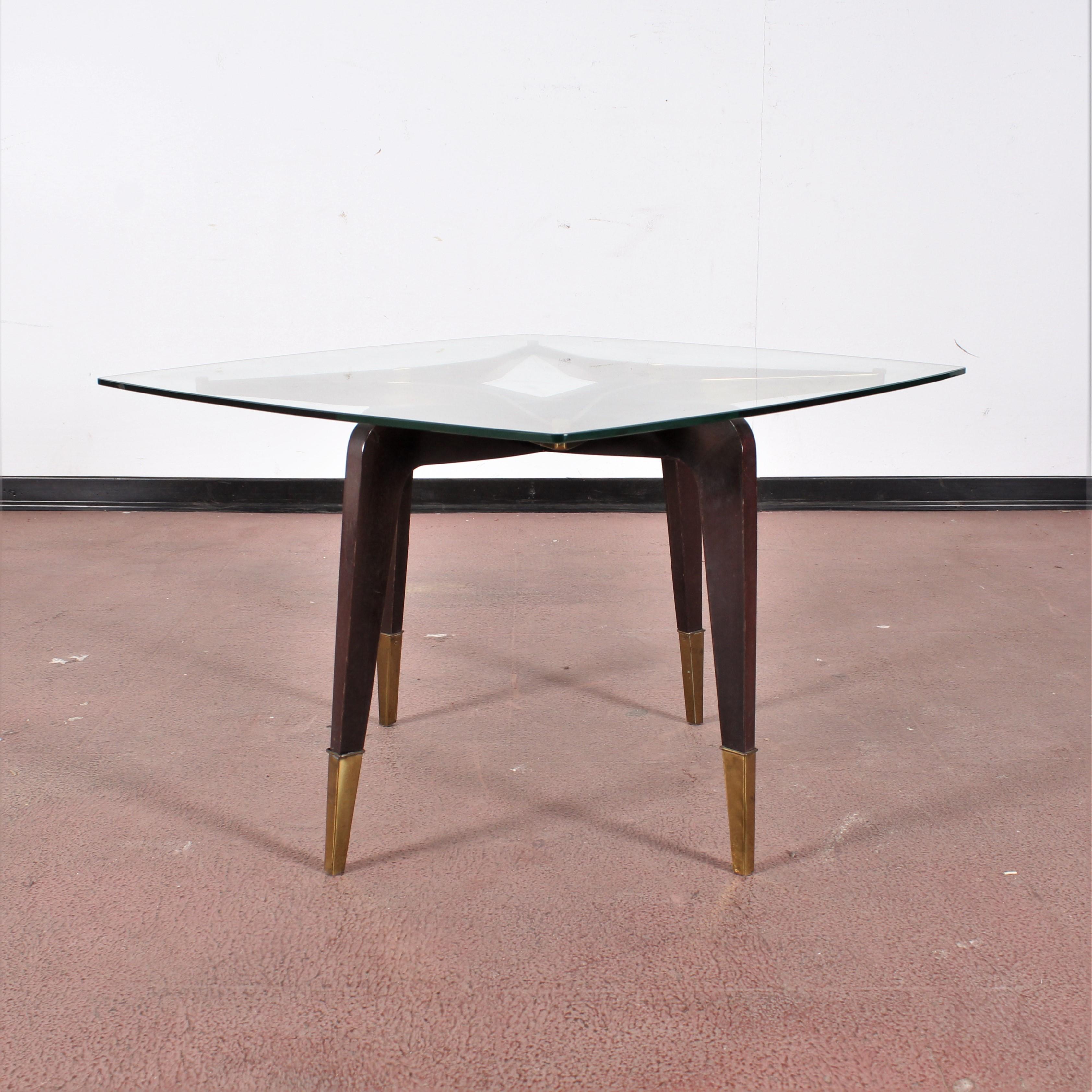 O. Borsani Midcentury Brass and Wood Square Coffee Table Glass Top, Italy, 1950s 1