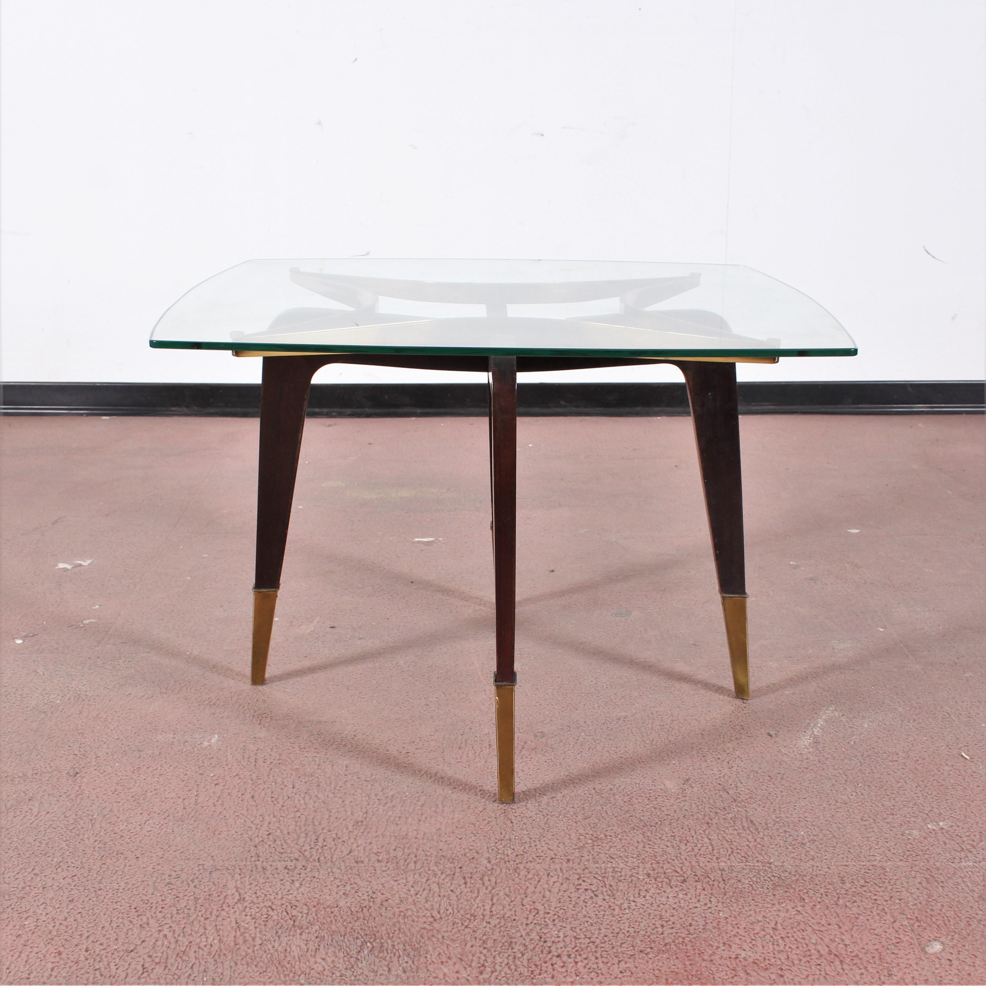 O. Borsani Midcentury Brass and Wood Square Coffee Table Glass Top, Italy, 1950s 2