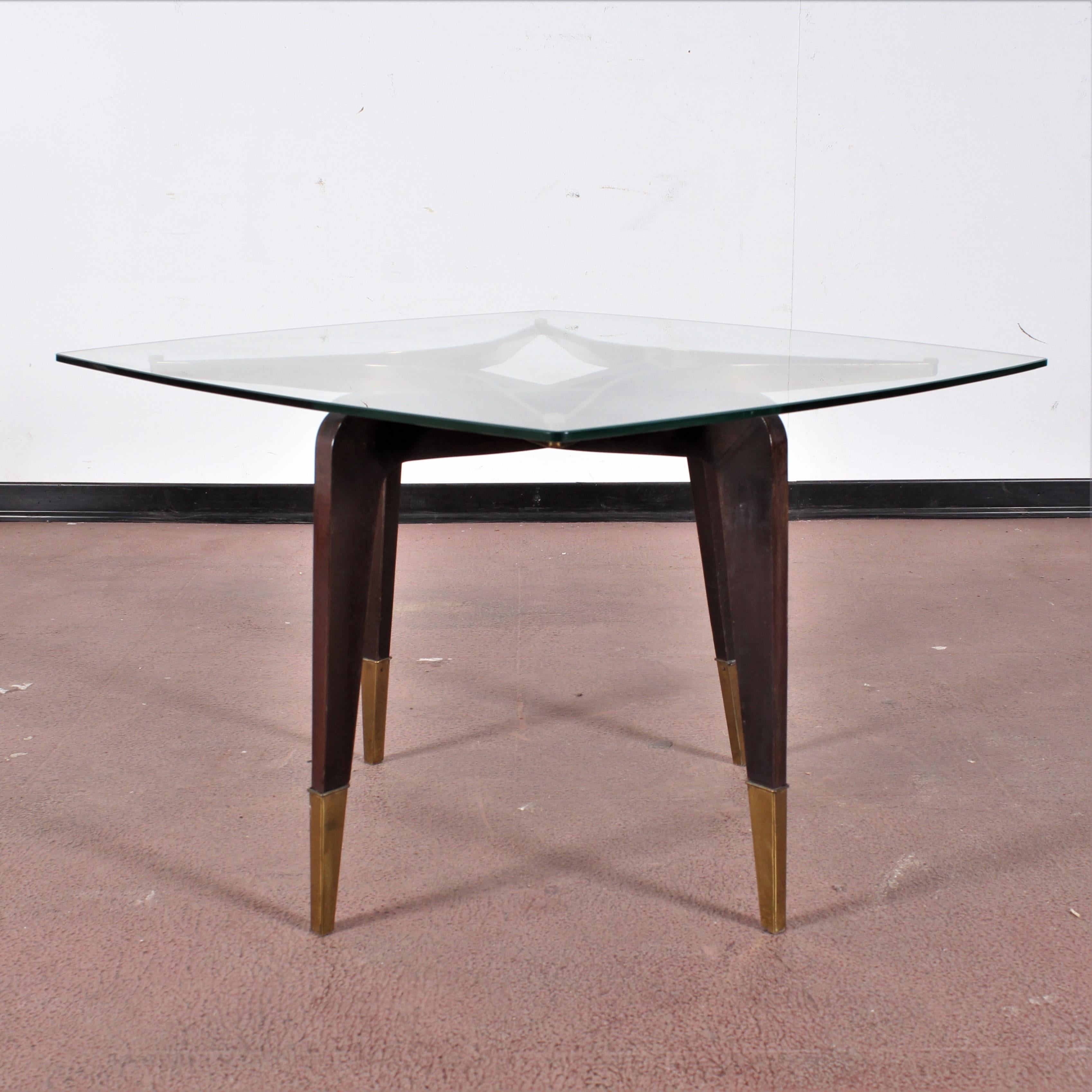 O. Borsani Midcentury Brass and Wood Square Coffee Table Glass Top, Italy, 1950s 3
