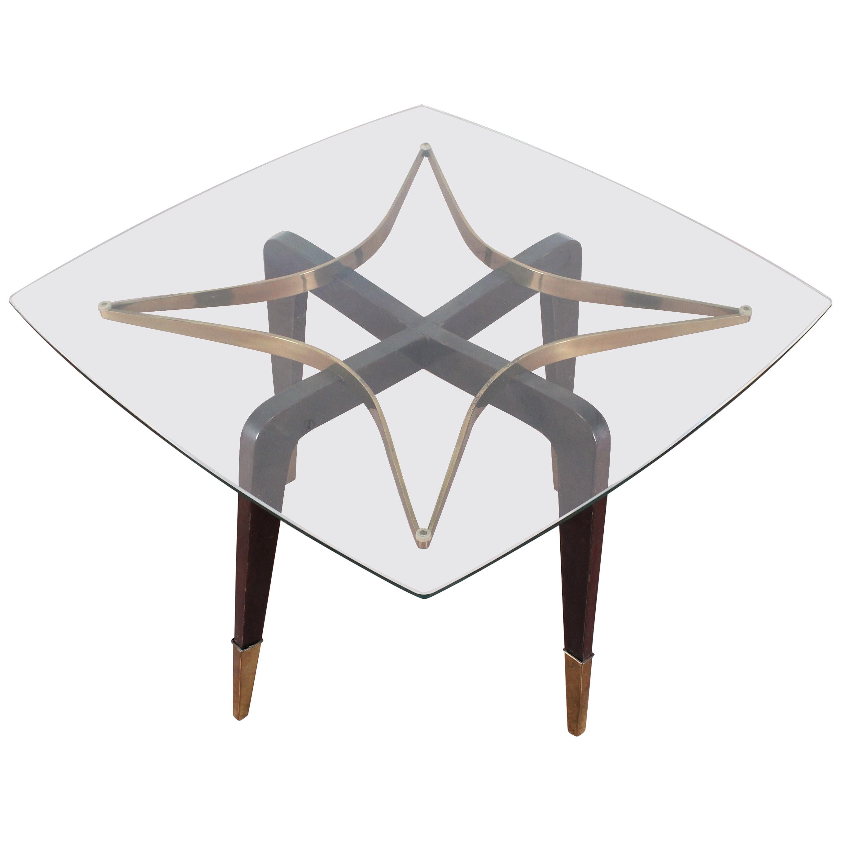 O. Borsani Midcentury Brass and Wood Square Coffee Table Glass Top, Italy, 1950s