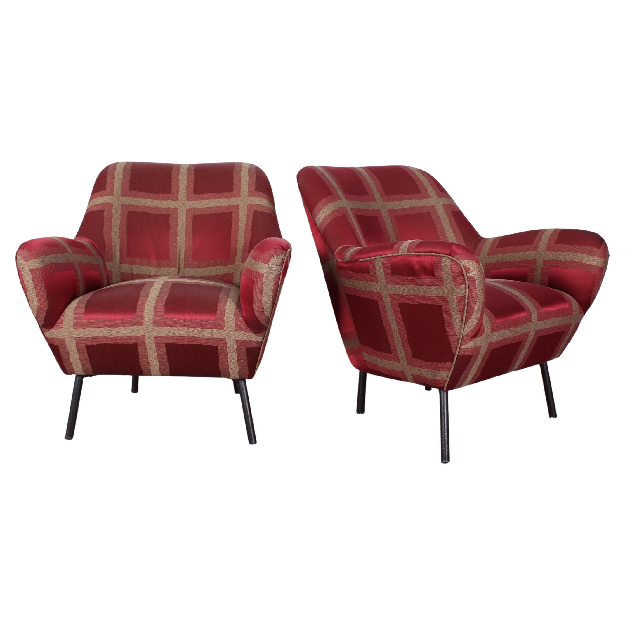 O. Borsani Mid-Century Red Checked Satin Pair of Armchairs, Italy 1950s