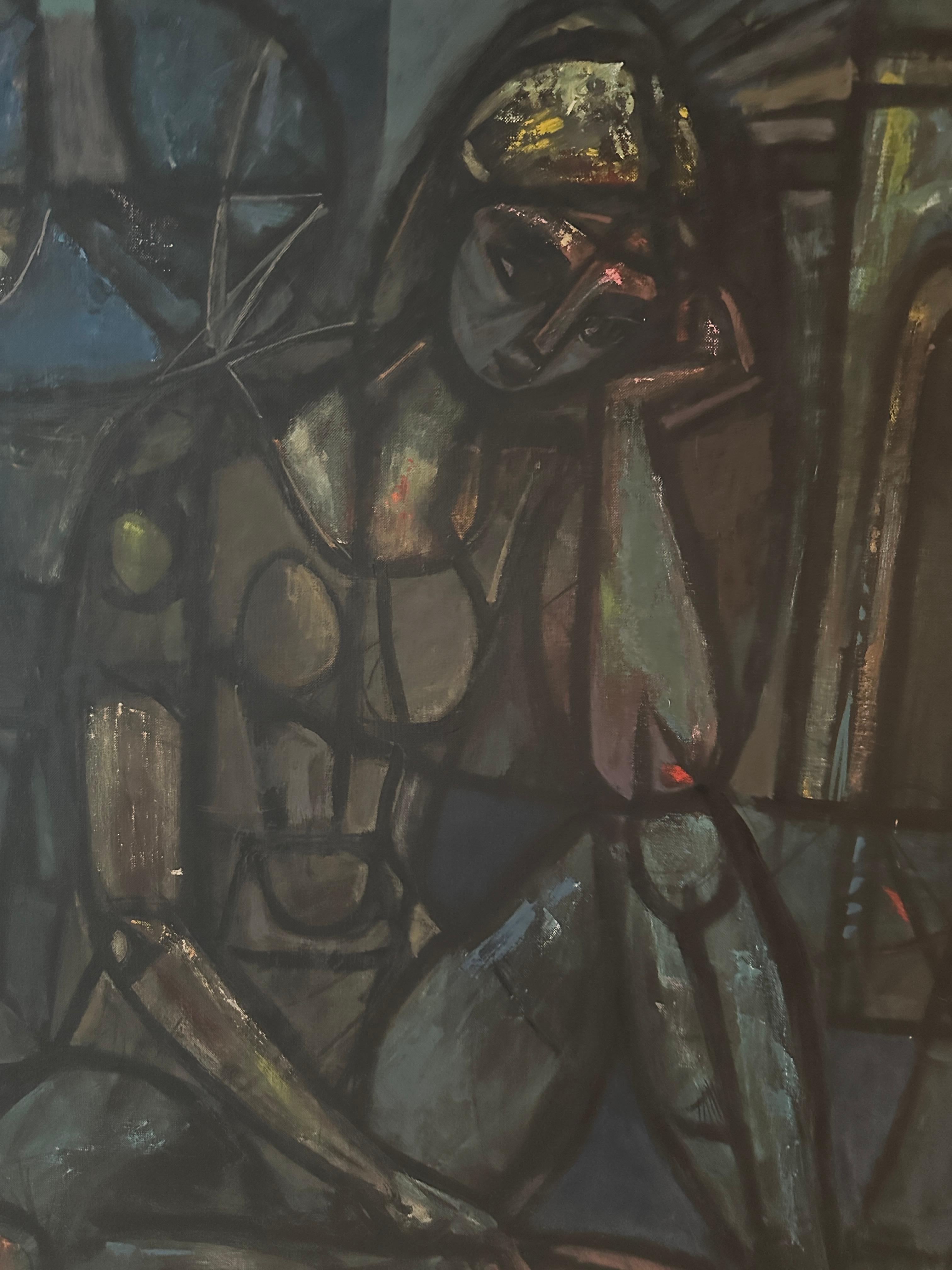 Dieses auffällige abstrakte Gemälde aus der Mitte des Jahrhunderts zeigt eine sitzende Tänzerin, die in einem raffinierten, kubistisch inspirierten Stil dargestellt ist, der an das Werk von Pei Yang erinnert, obwohl die Zuschreibung unbestätigt