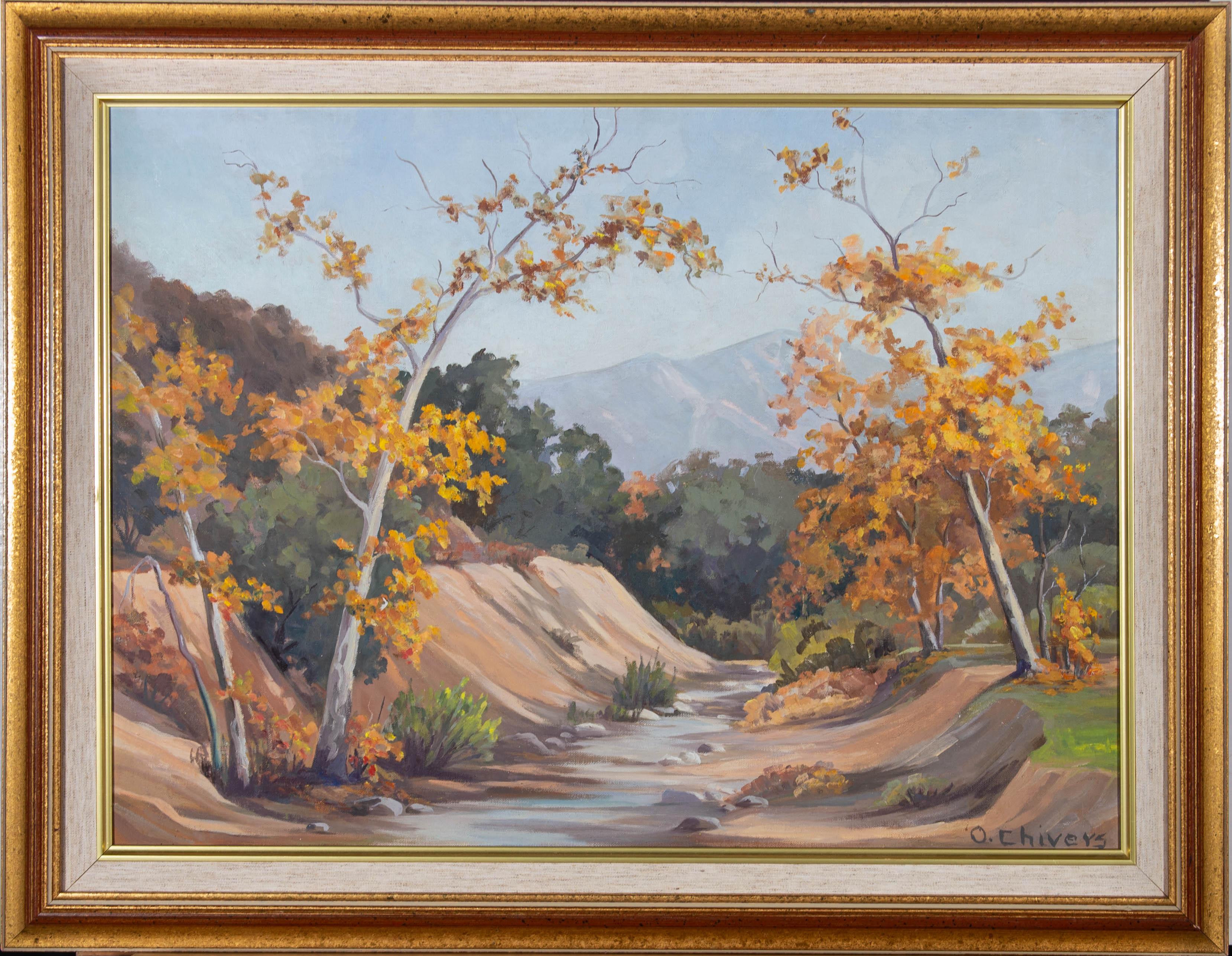 An attractive oil painting by O. Chivers, depicting an autumnal landscape scene with mountains in the distance. Signed to the lower right-hand corner. Presented in a fabric slip and in a distressed, gilt-effect frame, as shown. On canvas