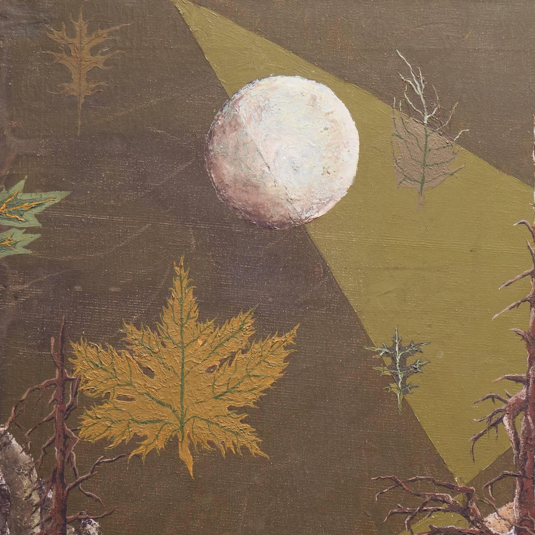 Surreal Mountain Lake Landscape, Falling Autumn Leaves - Brown Landscape Painting by O. Connor