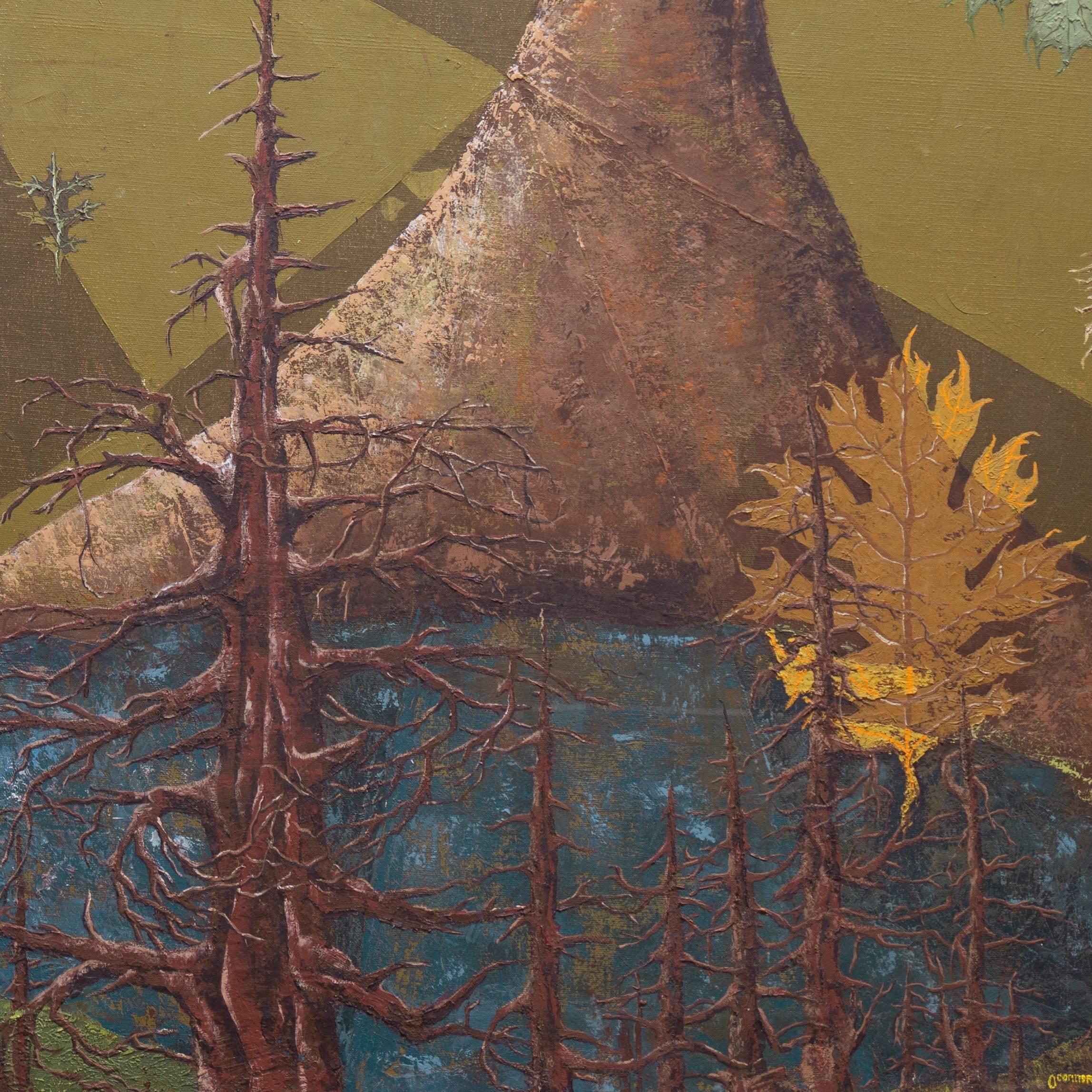 Surreal Mountain Lake Landscape, Falling Autumn Leaves For Sale 1