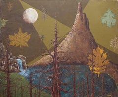Surreal Mountain Lake Landscape, Falling Autumn Leaves