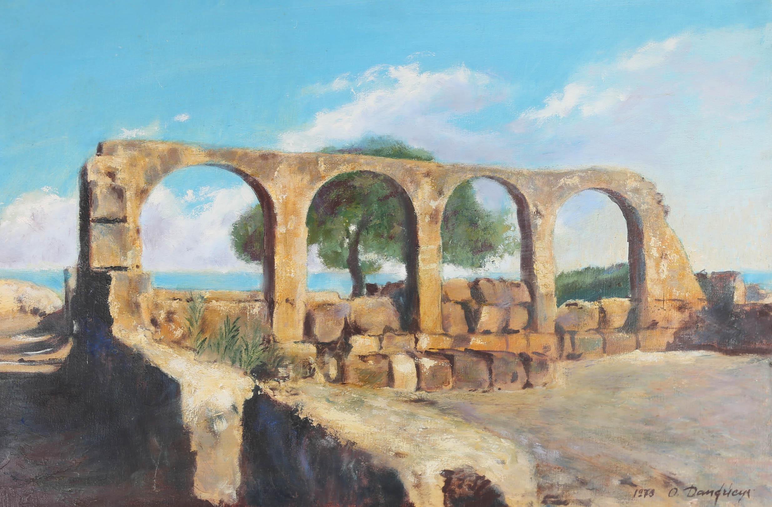 This charming oil study depicts arched ruins in a Mediterranean landscape before the bright blue sea. The artist uses an expressive technique, using gestural brushwork with areas of light impasto. Signed and dated to the lower right. On canvas.
