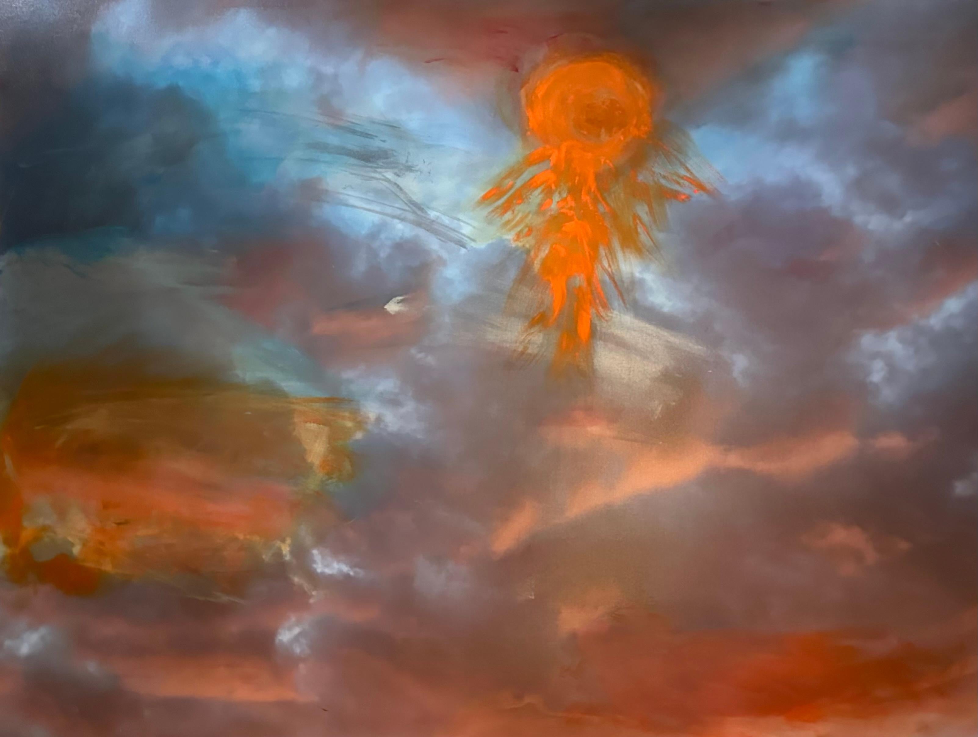 "Melting Sun" by O. Devan is a striking 40" x 50" canvas that artfully bridges the realms of photography and hand-painted artistry. Beginning with a photograph capturing the serene majesty of clouds at sunset, Devan masterfully applies hand-painted