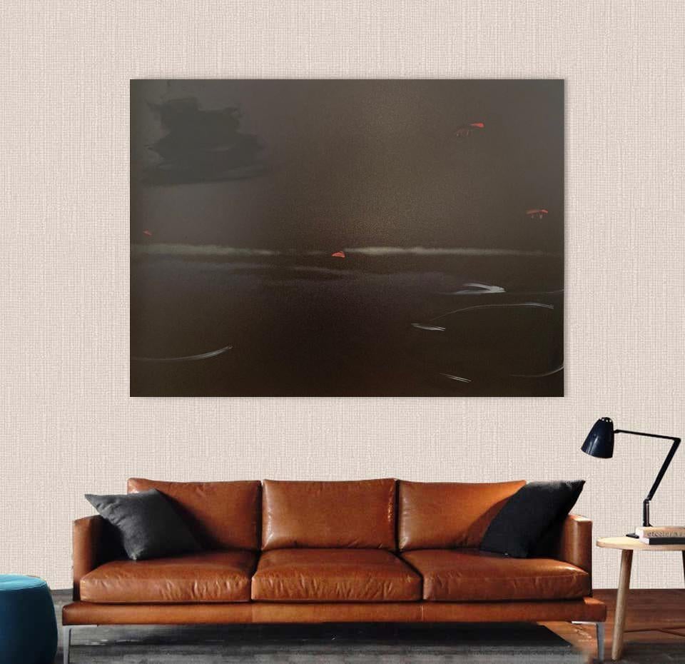 Schwarz-Weiß-Fotografie „Boats at night“ auf Leinwand, 1 von 5 – Painting von O Devan