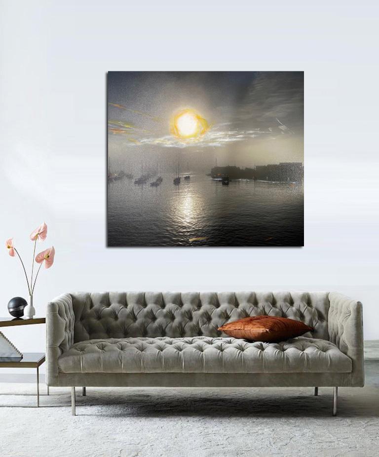 'Boats In The Sun' Photography & Acrylic on canvas - Gray Landscape Photograph by O Devan