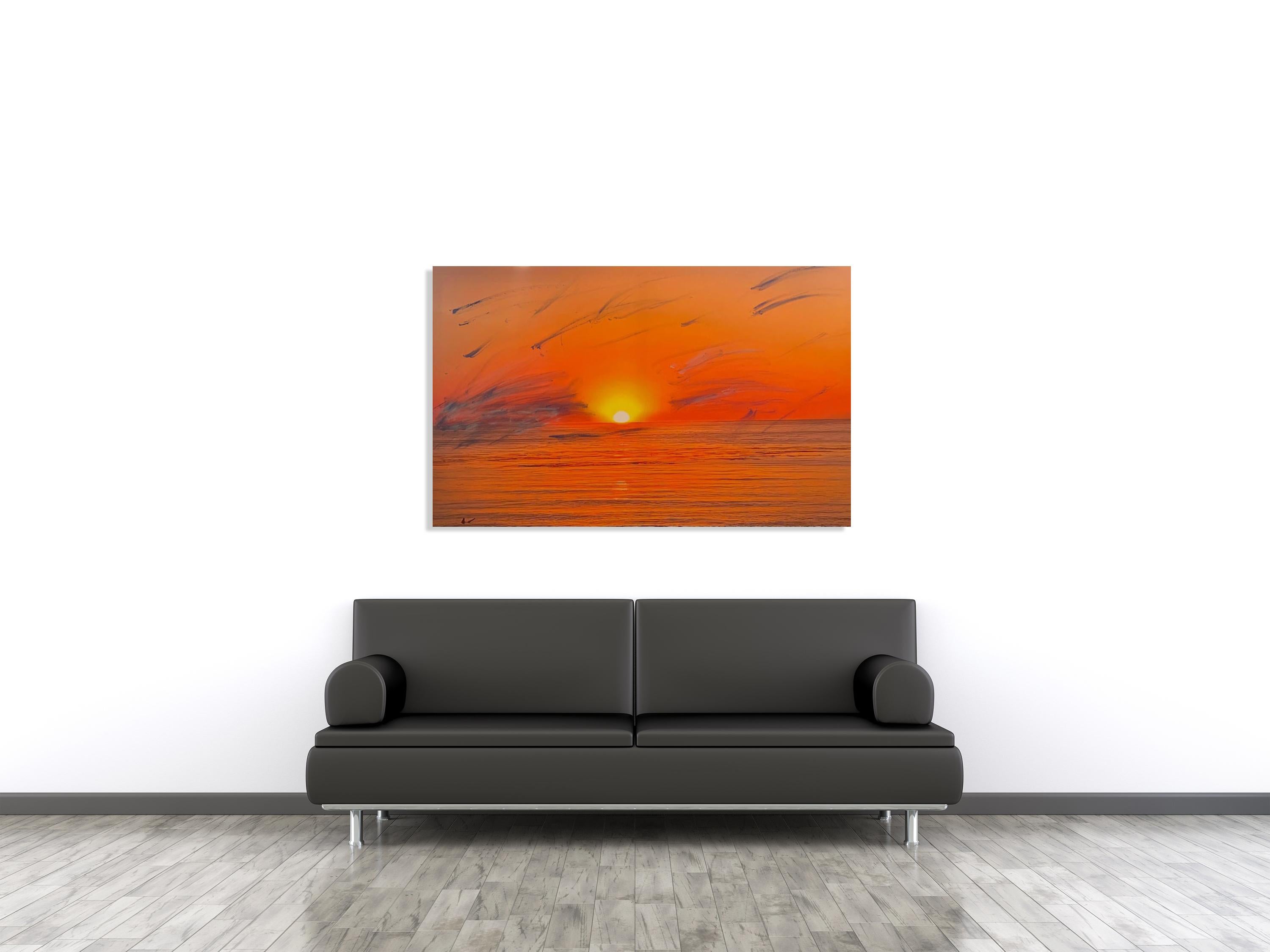 'Surfers' Dream Sunset' Mixed Media on Canvas - Seascape Painting 2021  - Orange Color Photograph by O Devan