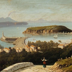 O. Giosti —pintor napolitano—: vista de Ischia y el Vesubio del siglo XIX