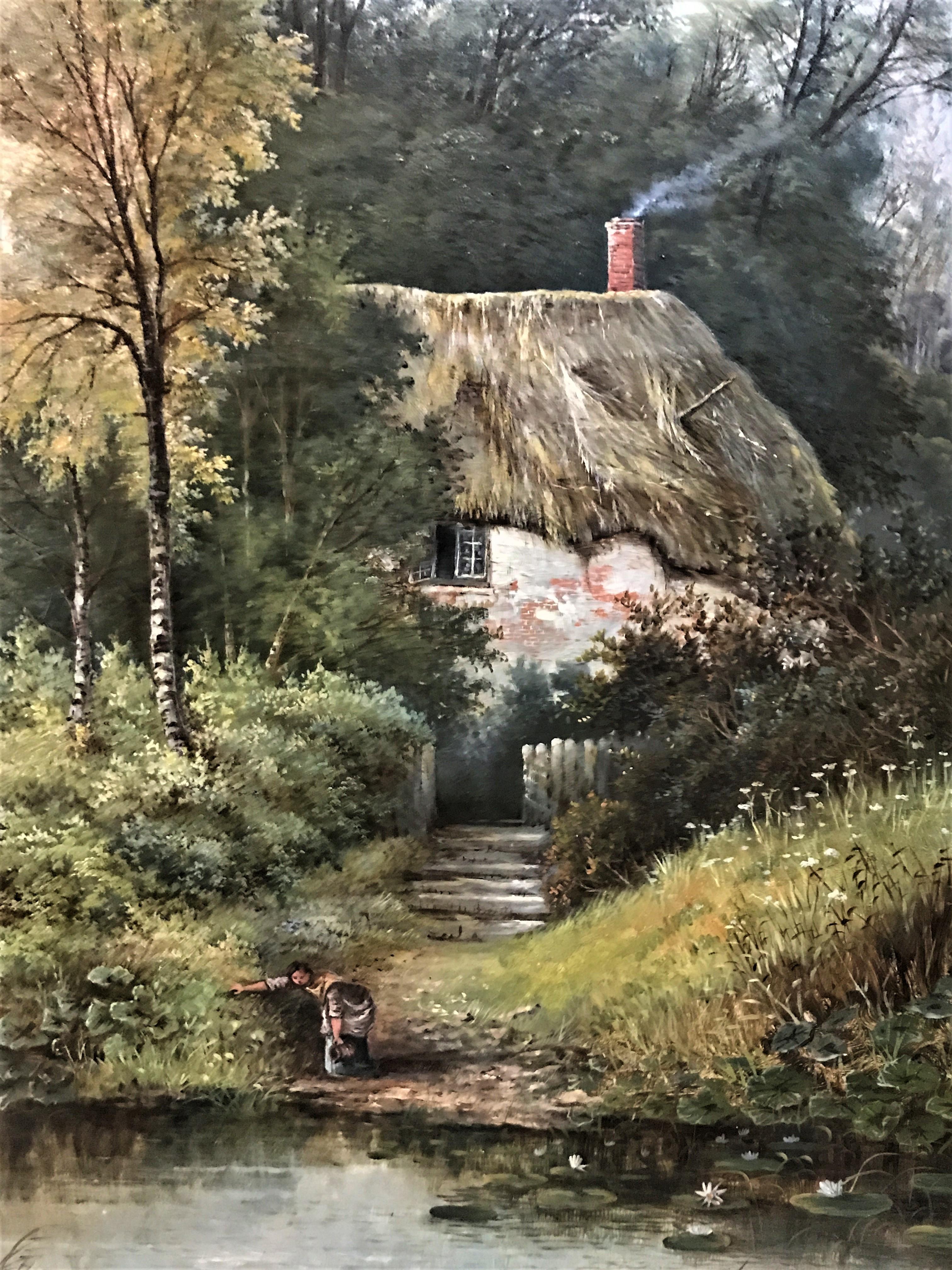 Chalet rural au bord d'un ruisseau, 19e siècle, signé par un artiste English, huile sur toile originale - École anglaise Painting par O J Clark