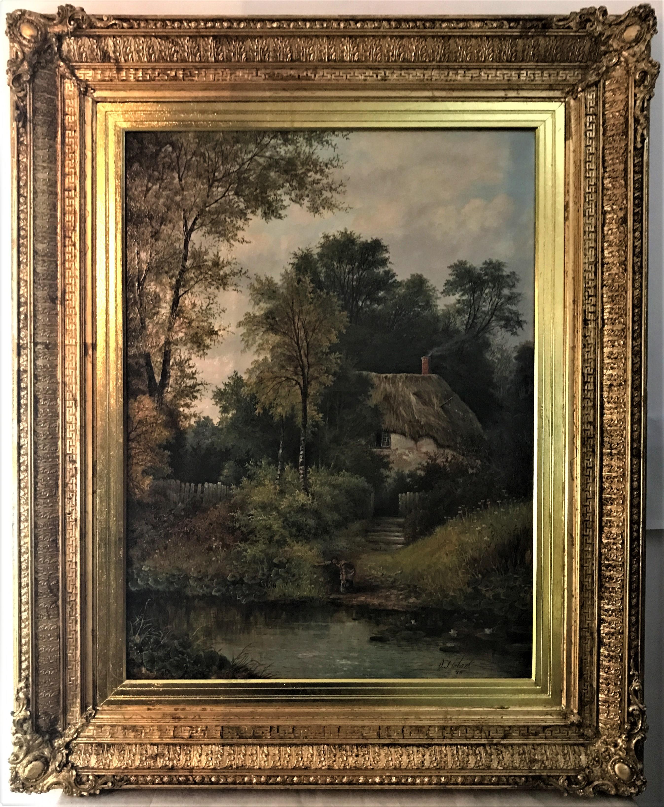 Un cottage rurale vicino a un ruscello, artista inglese del XIX secolo, olio originale su tela