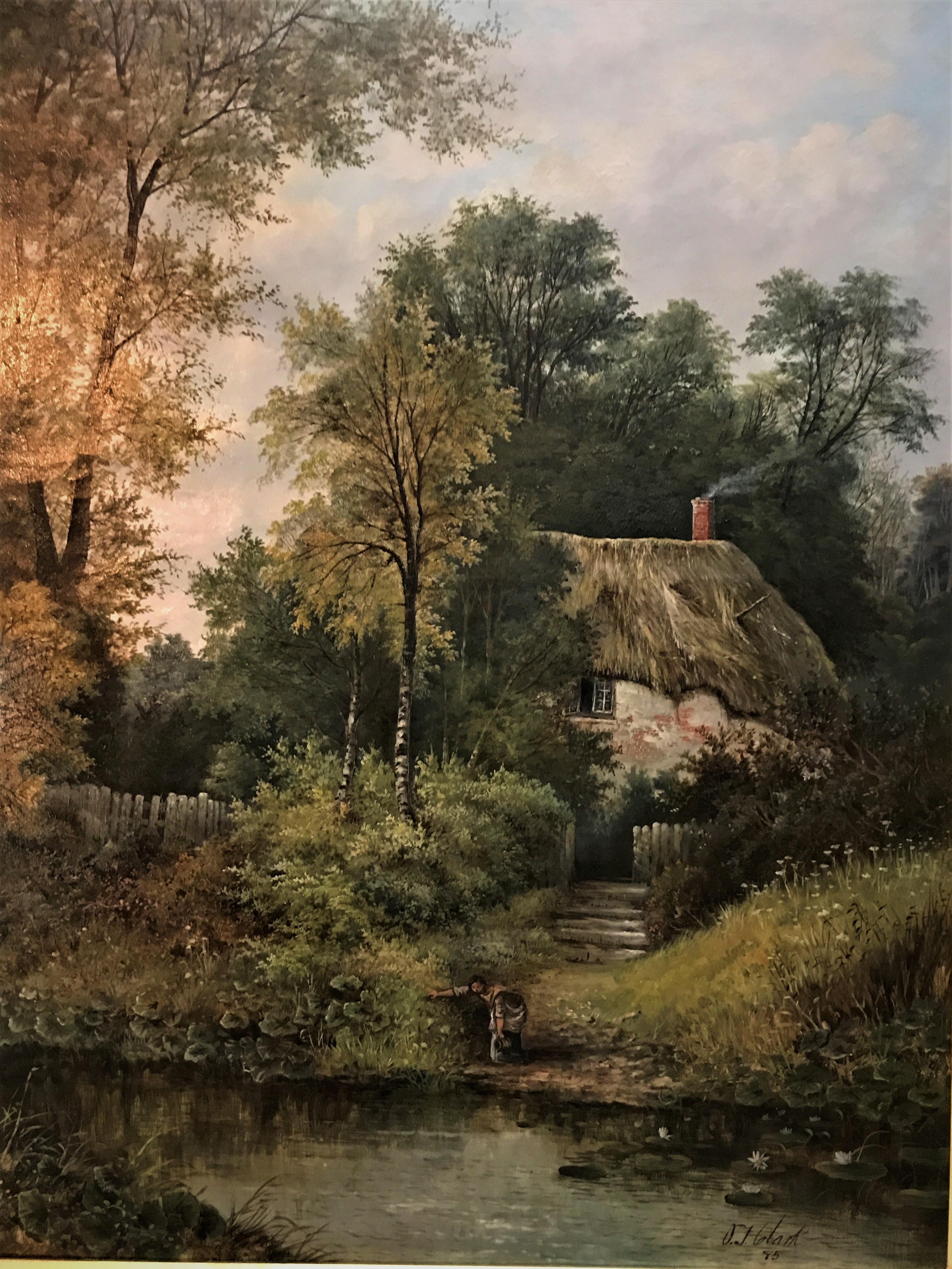 Chalet rural au bord d'un ruisseau, 19e siècle, signé par un artiste English, huile sur toile originale - Painting de O J Clark