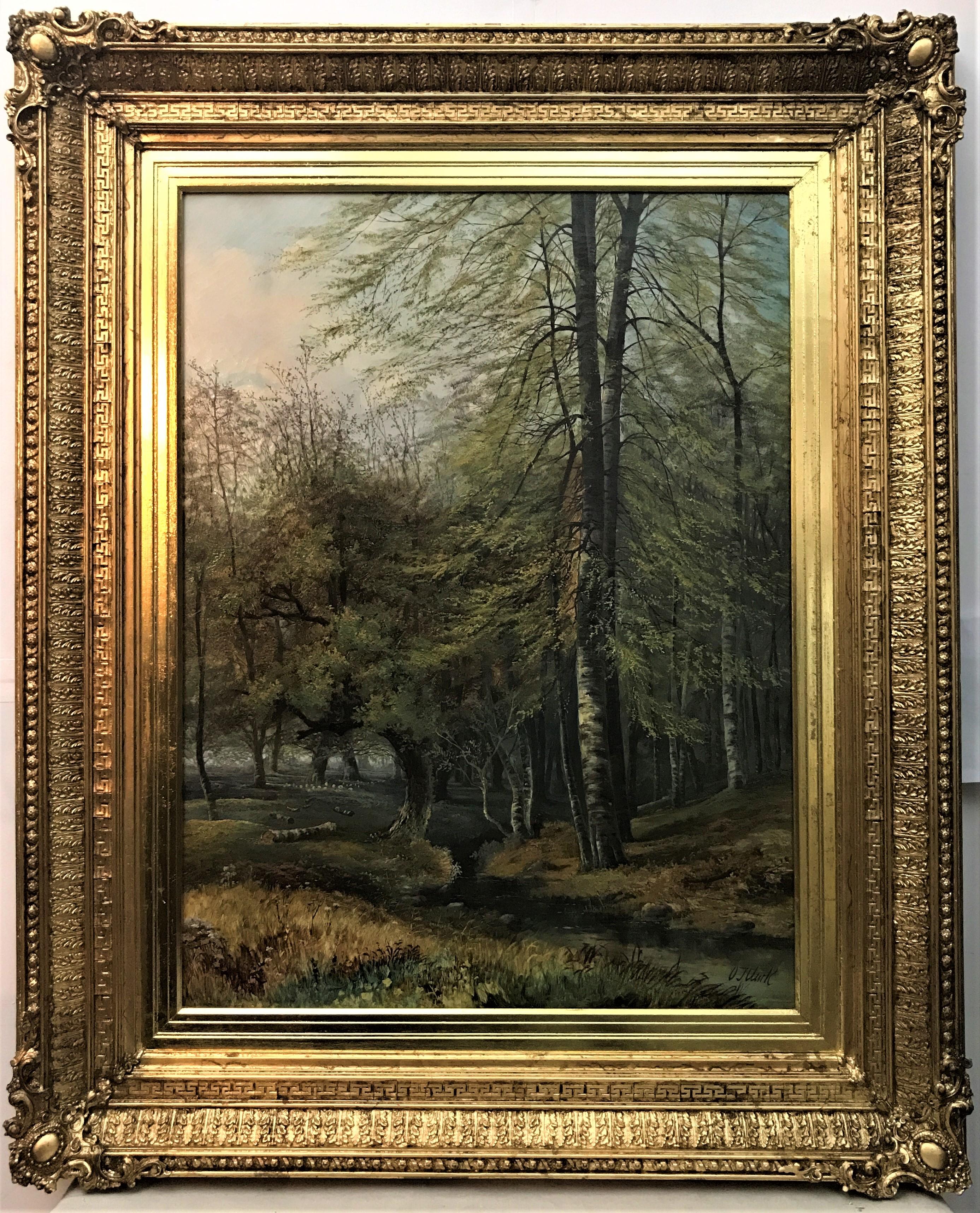 Scena autunnale di bosco, artista inglese del XIX secolo, olio originale su tela - Painting di O J Clark