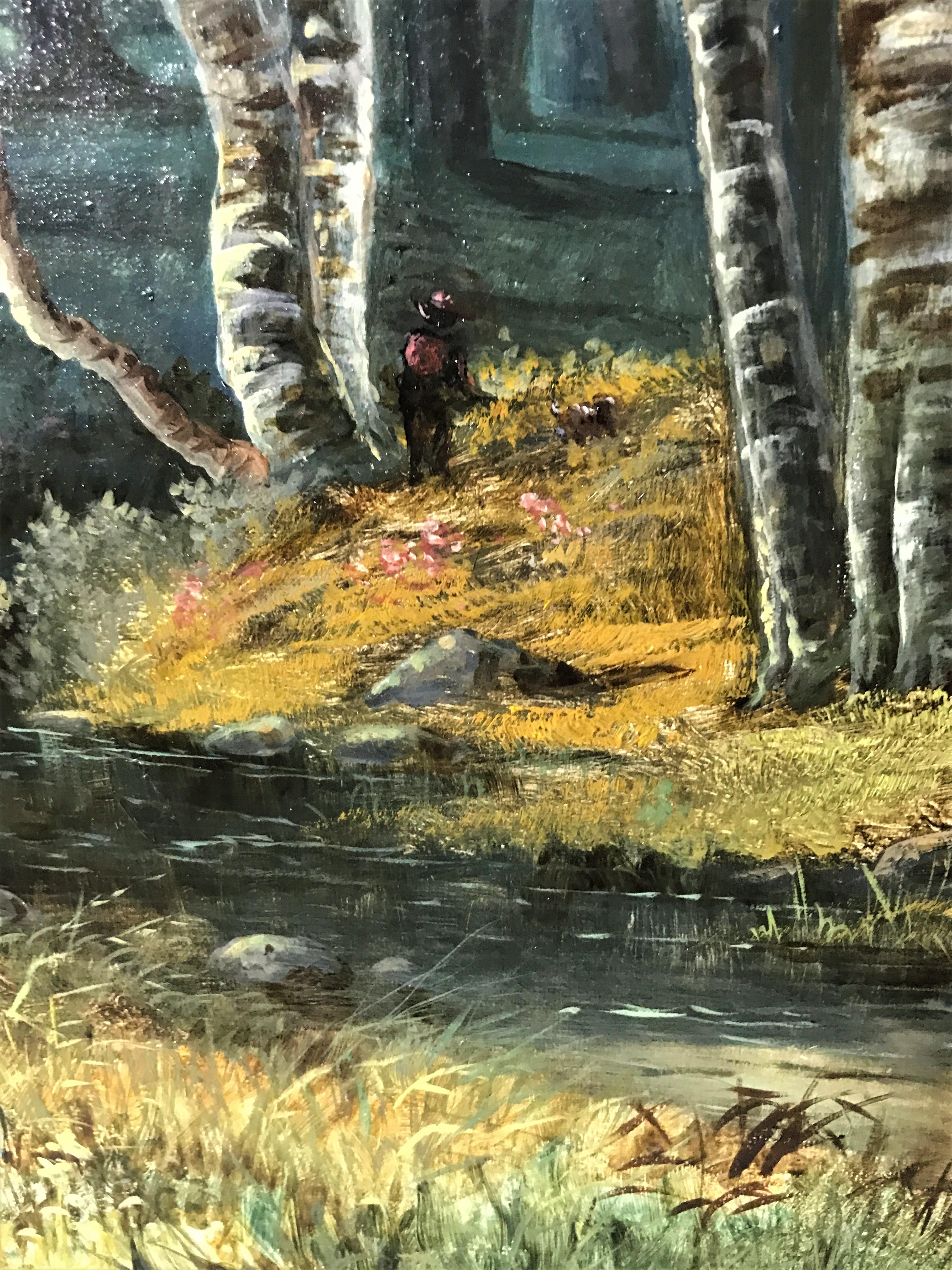 Scena autunnale di bosco, artista inglese del XIX secolo, olio originale su tela - Painting Realismo di O J Clark
