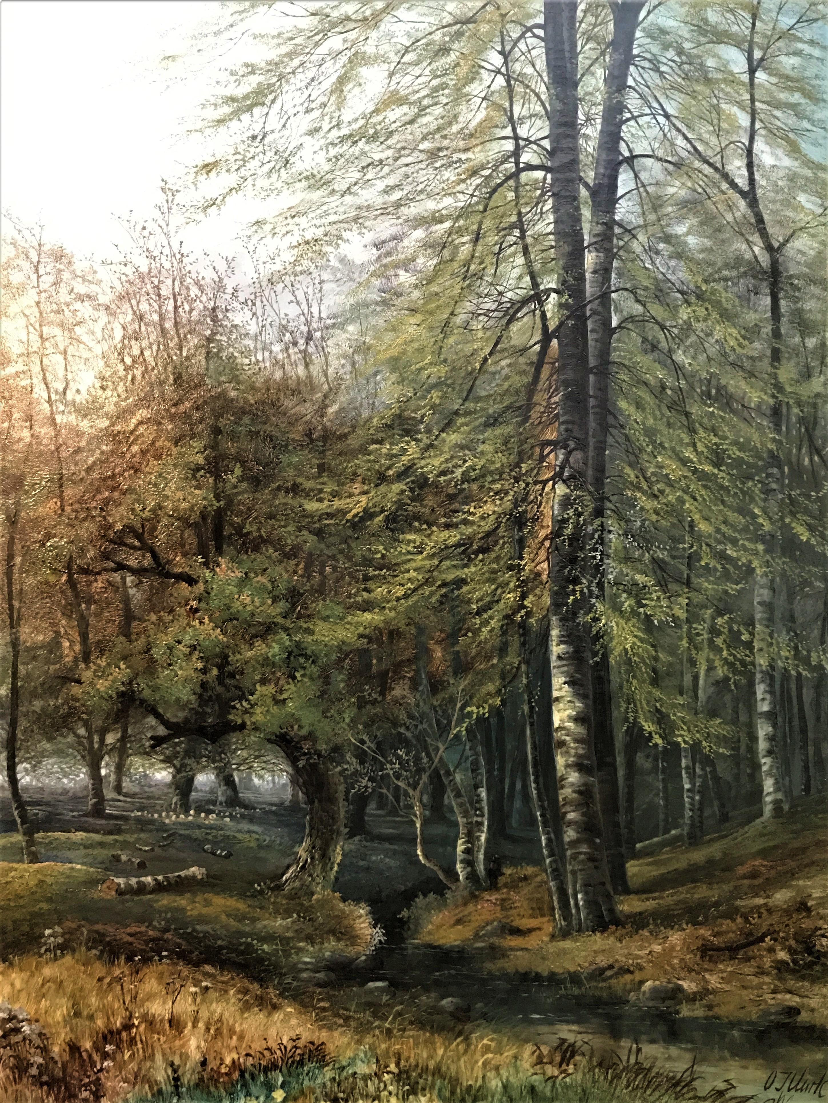 Landscape Painting di O J Clark - Scena autunnale di bosco, artista inglese del XIX secolo, olio originale su tela