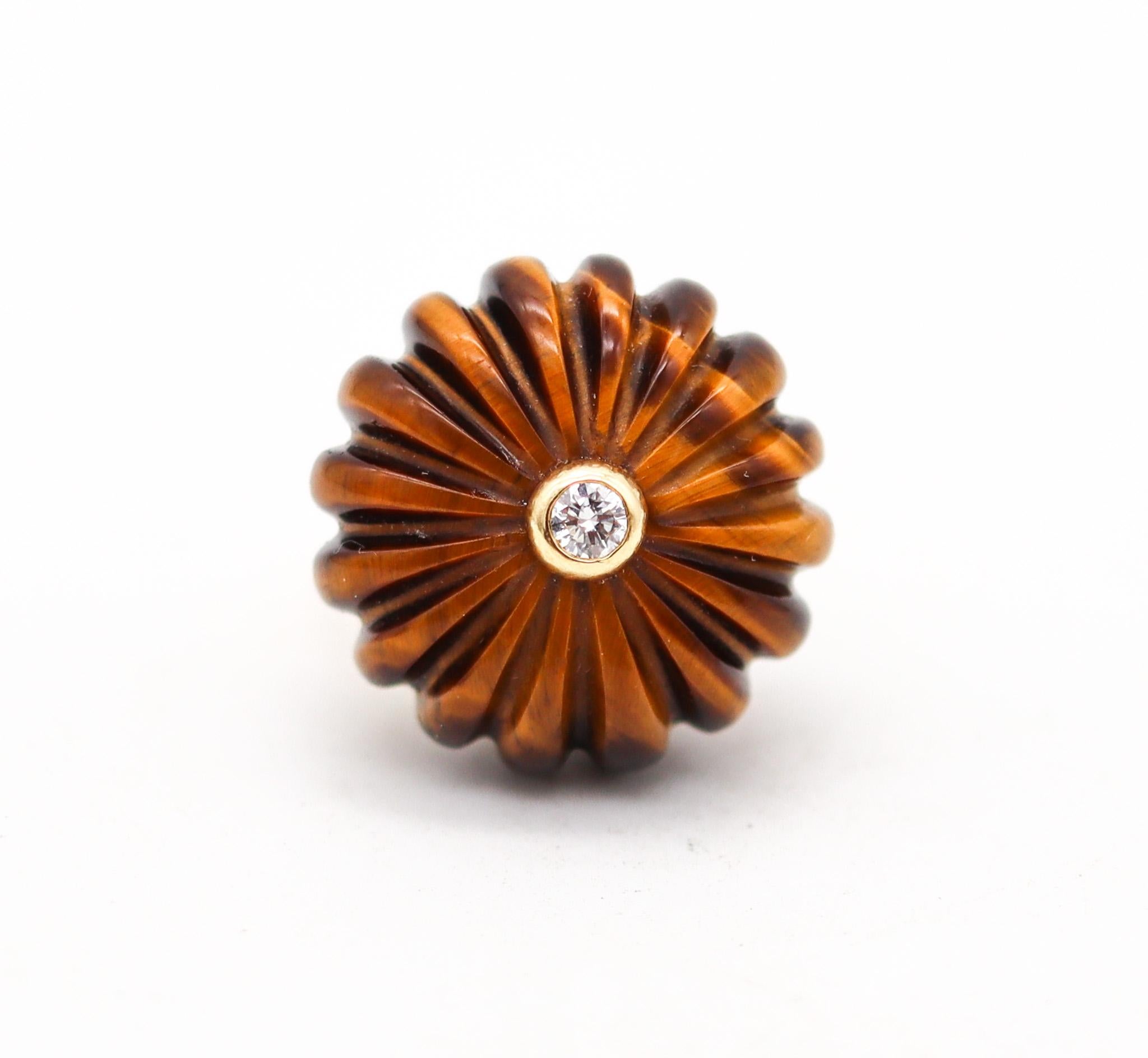 Modernist O. J. Perrin Paris 1970 By Andre Vassort Tiger Eye Ring 18Kt Gold With Diamond For Sale