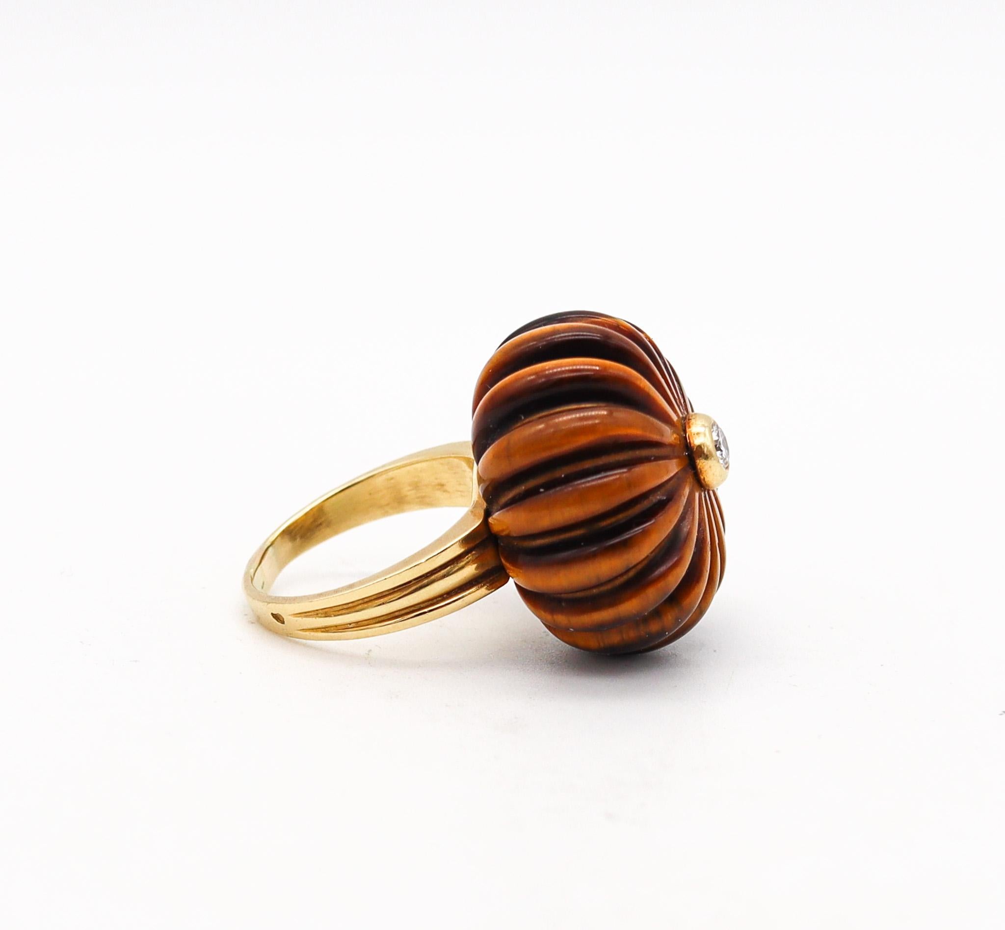 Brilliant Cut O. J. Perrin Paris 1970 By Andre Vassort Tiger Eye Ring 18Kt Gold With Diamond For Sale