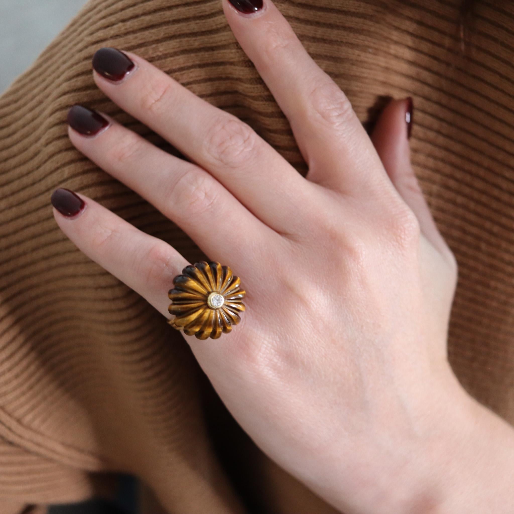 O. J. Perrin Paris 1970 By Andre Vassort Tiger Eye Ring 18Kt Gold With Diamond For Sale 1