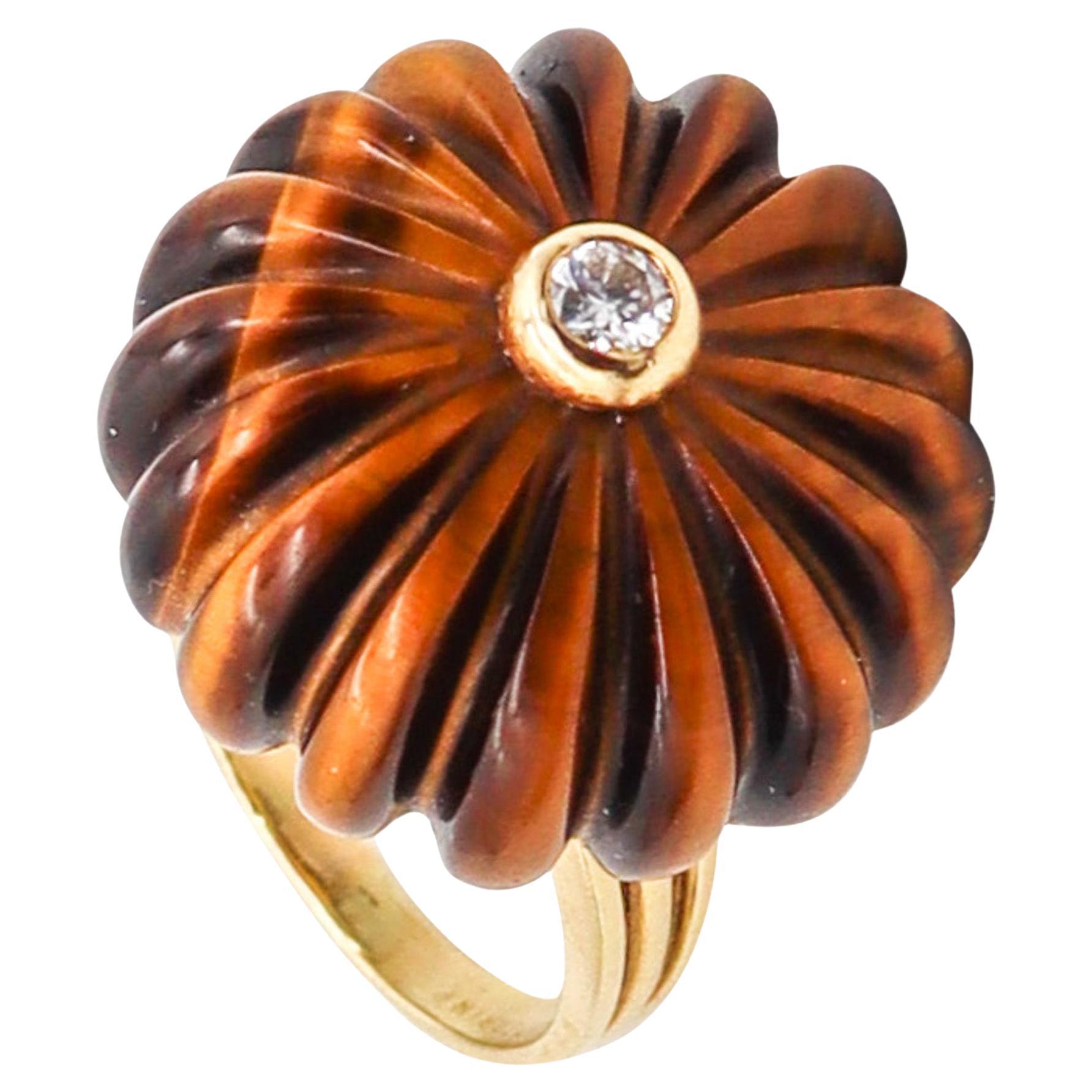 O. J. Perrin Paris 1970 By Andre Vassort Tiger Eye Ring 18Kt Gold With Diamond For Sale