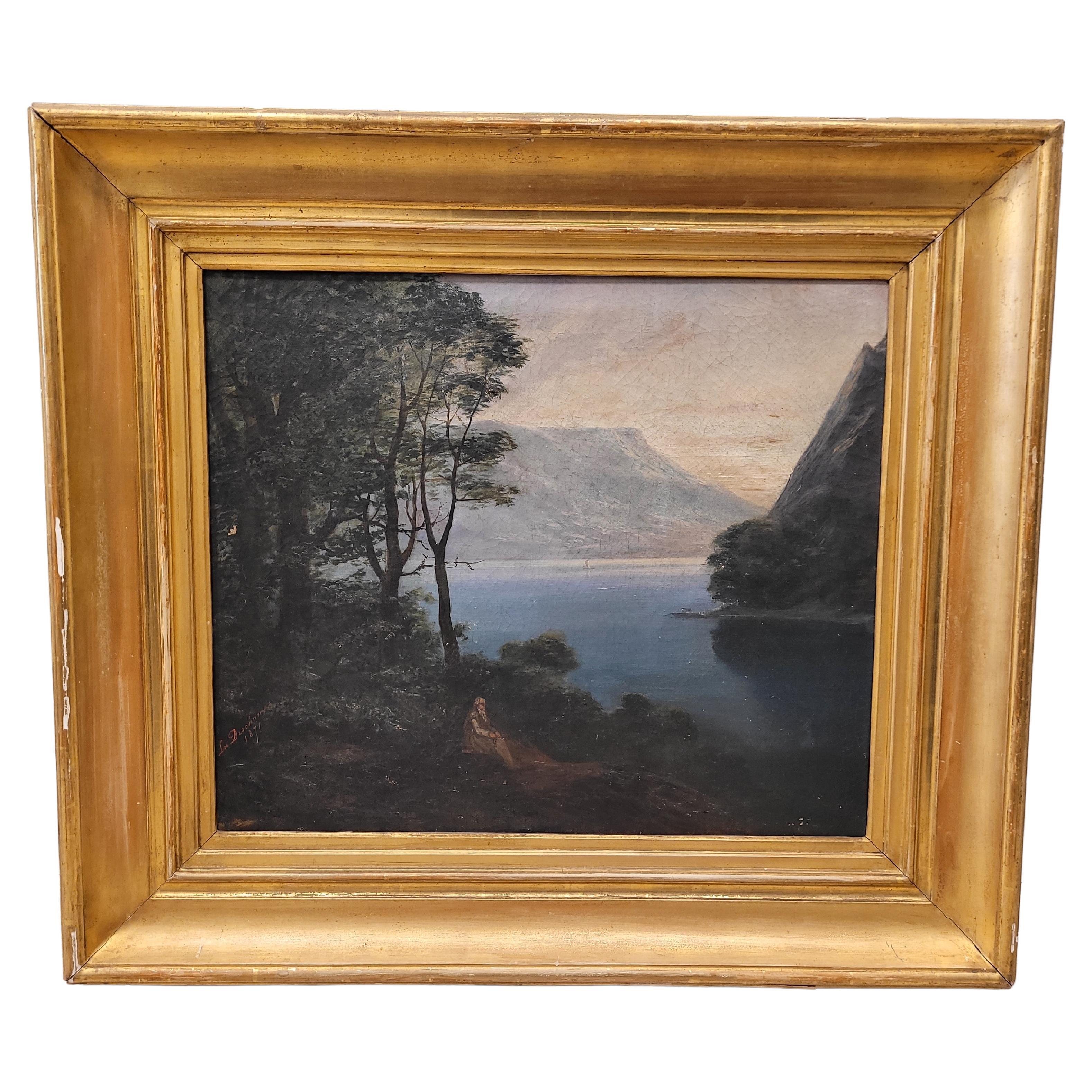 Ó/L France "Romantic landscape" Leo Deschamps, 1871 - Signed